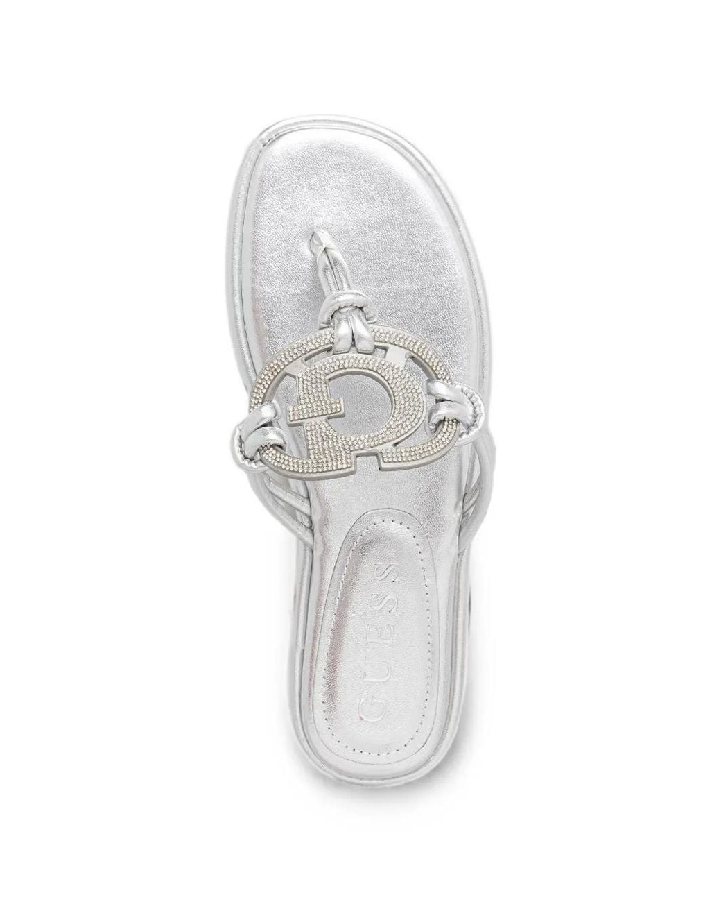 Guess White Crystal-Embellished Logo-Plaque Flip-Flops
