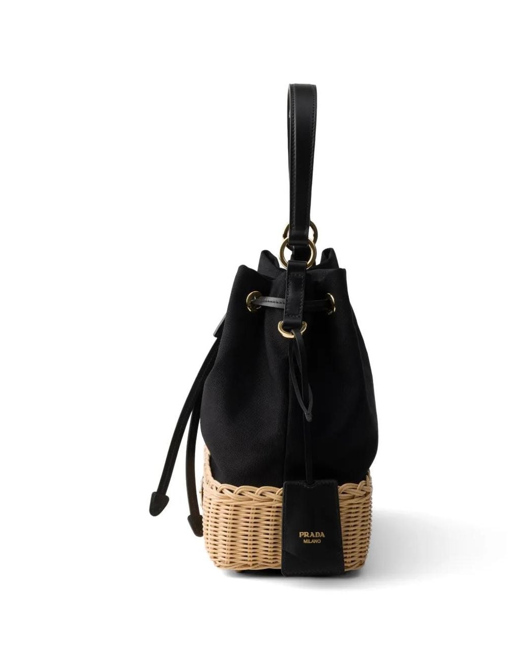 Prada Black Wicker And Canvas Bucket Bag