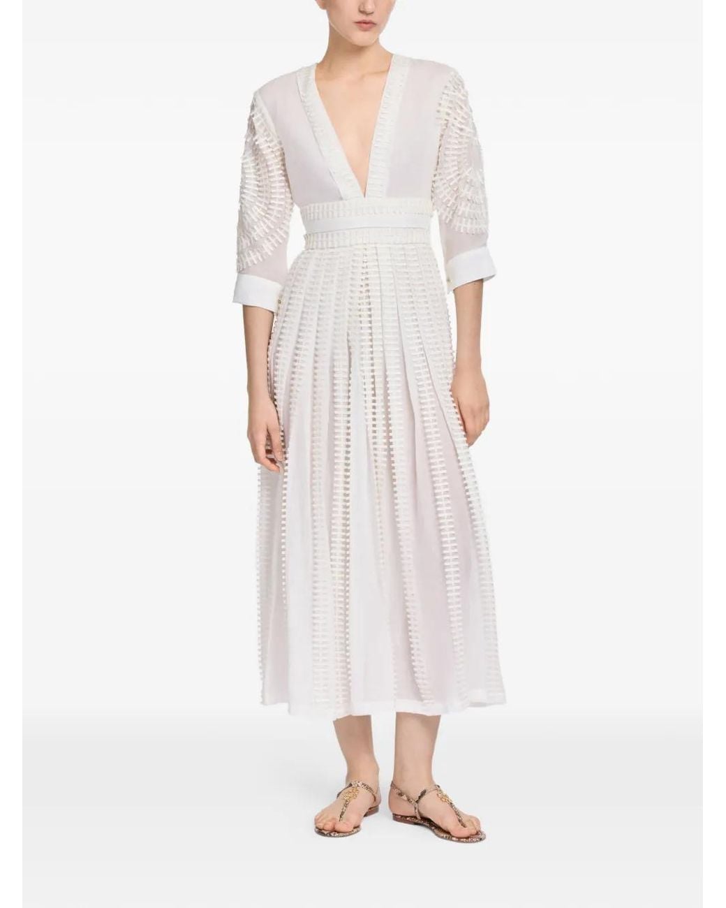 Elie Saab White Ladder-Stitch V-Neck Dress
