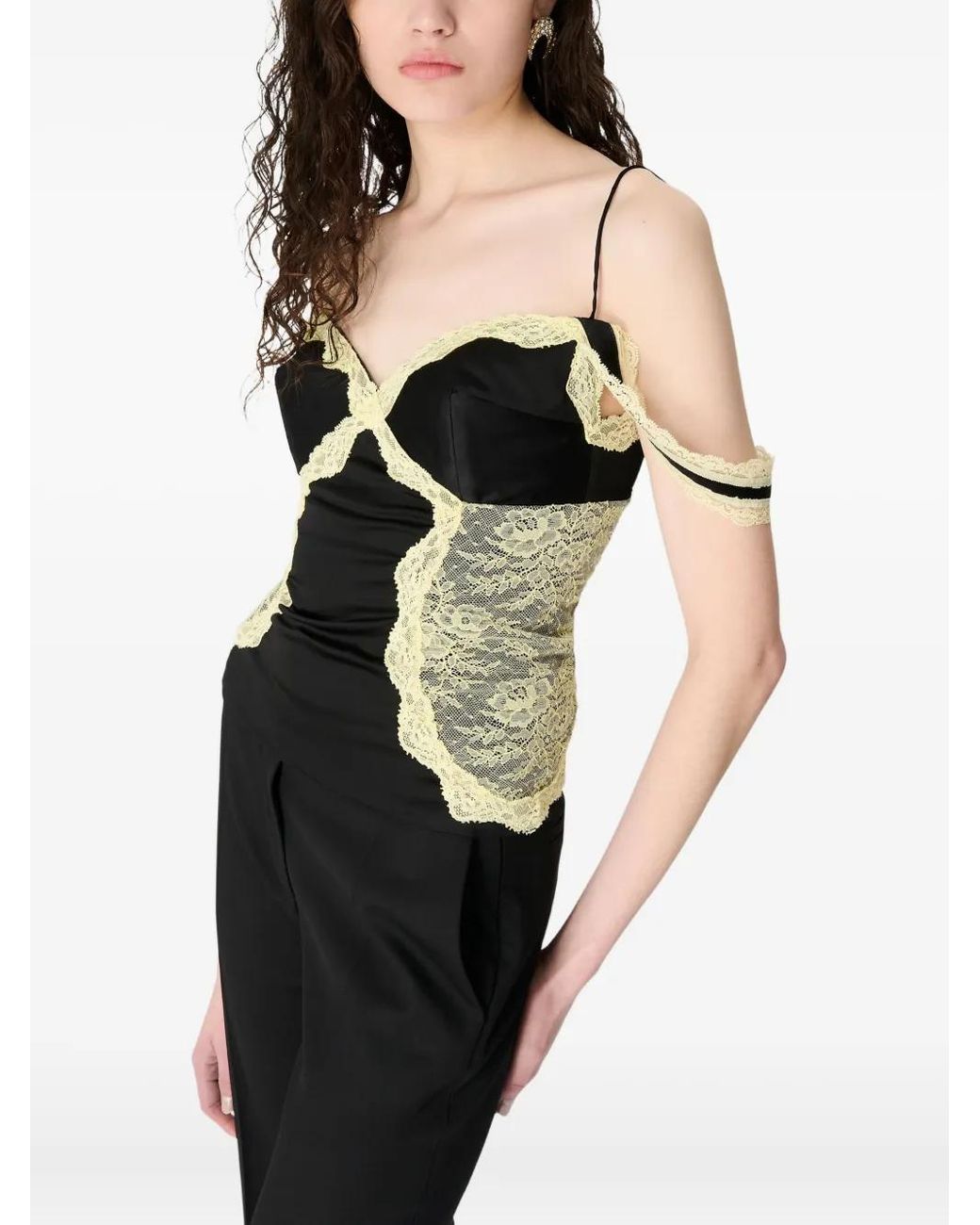 MARINE SERRE Black Lace-Trimmed Satin Top