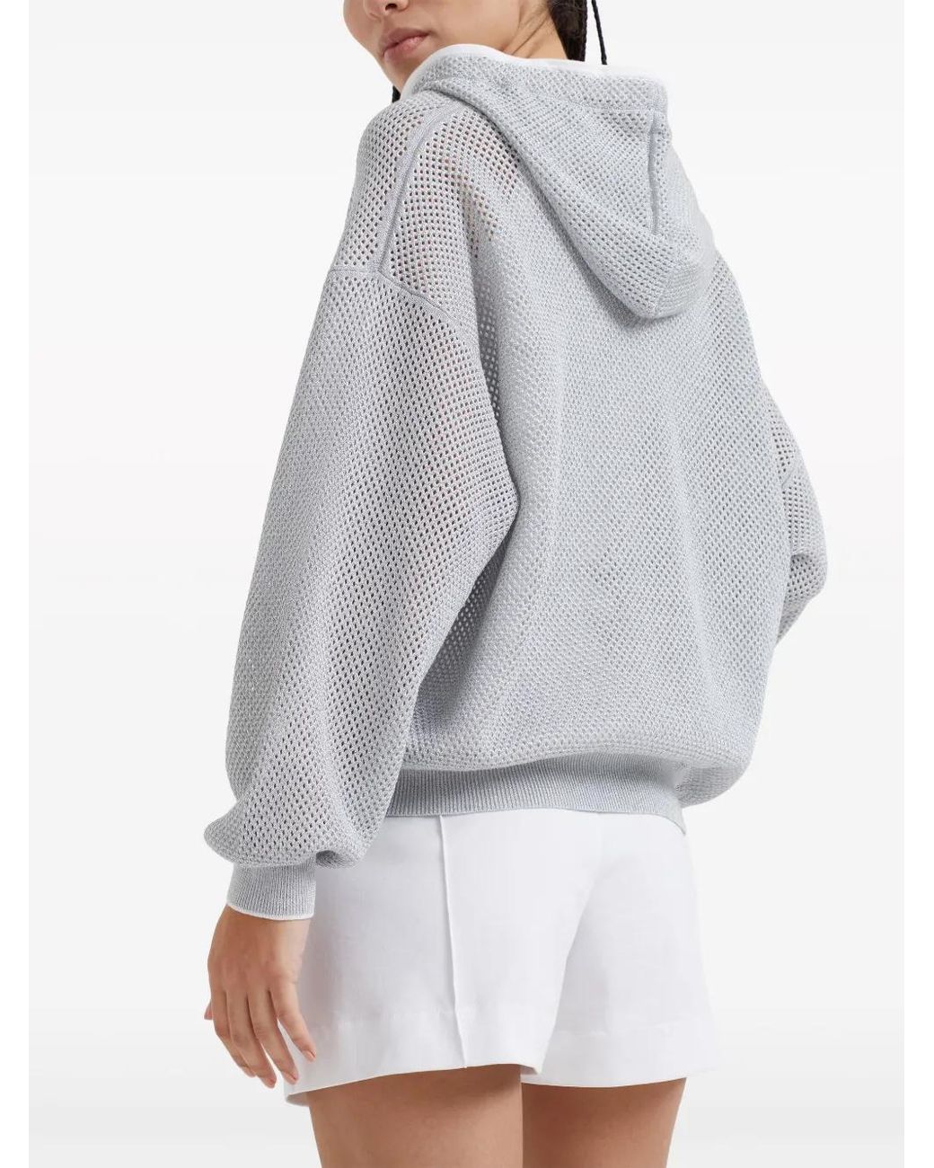 Brunello Cucinelli Gray Open-Knit Zip-Up Hoodie