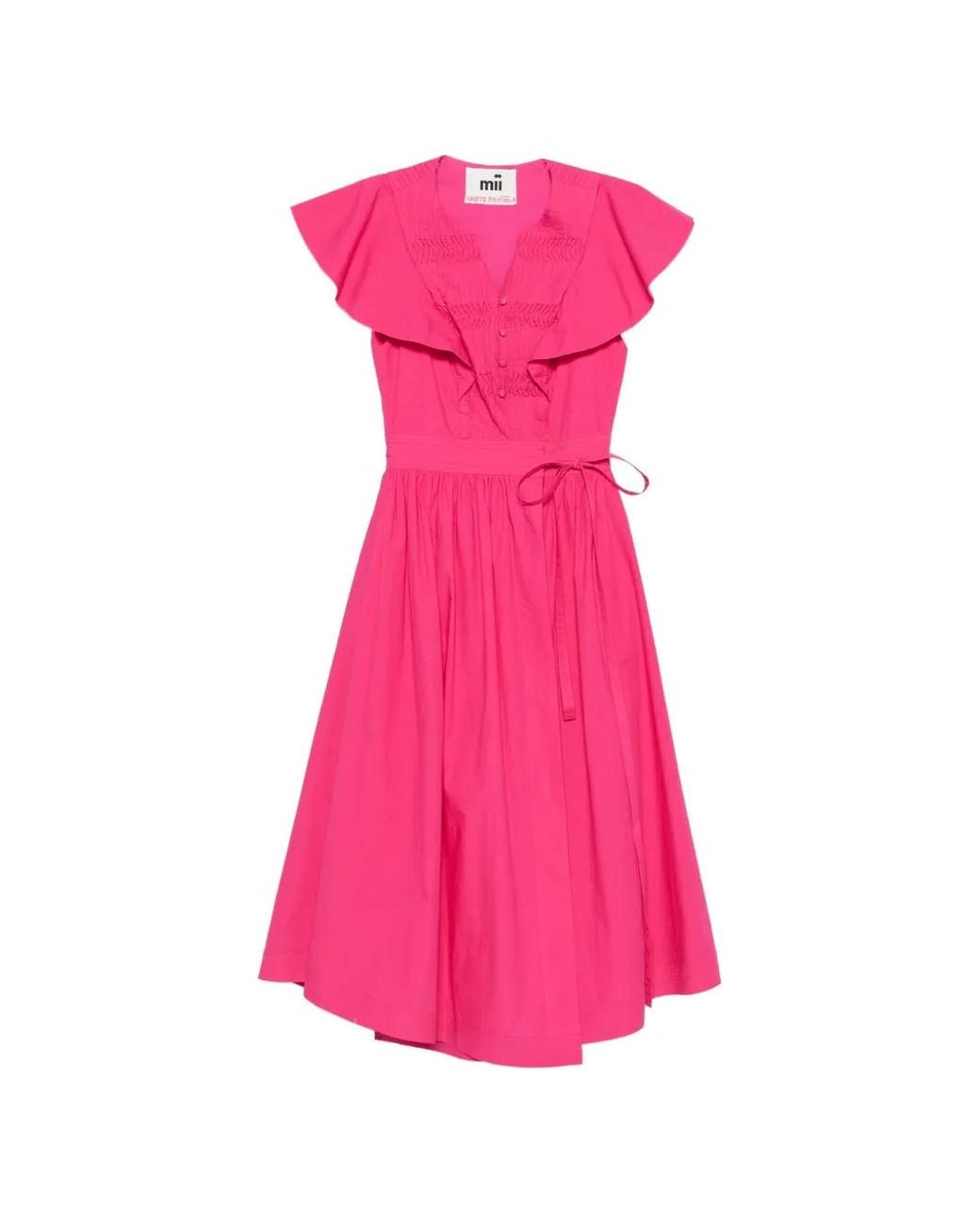 Mii Pink Lea Ruffled-Sleeves Midi Dress