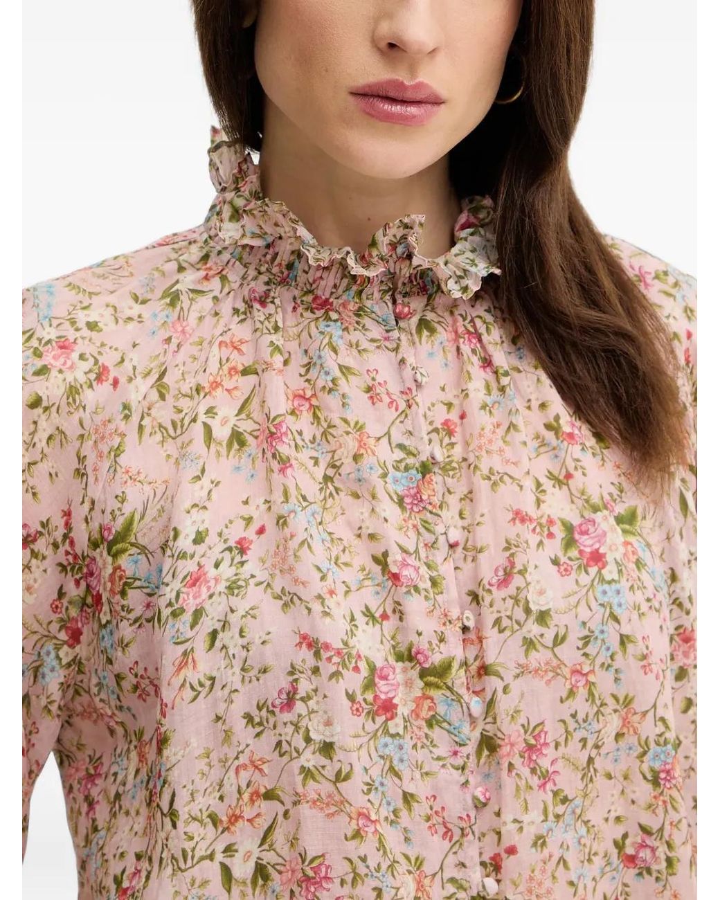 Silvian Heach Natural Sparta Floral-Print Ruffled Shirt
