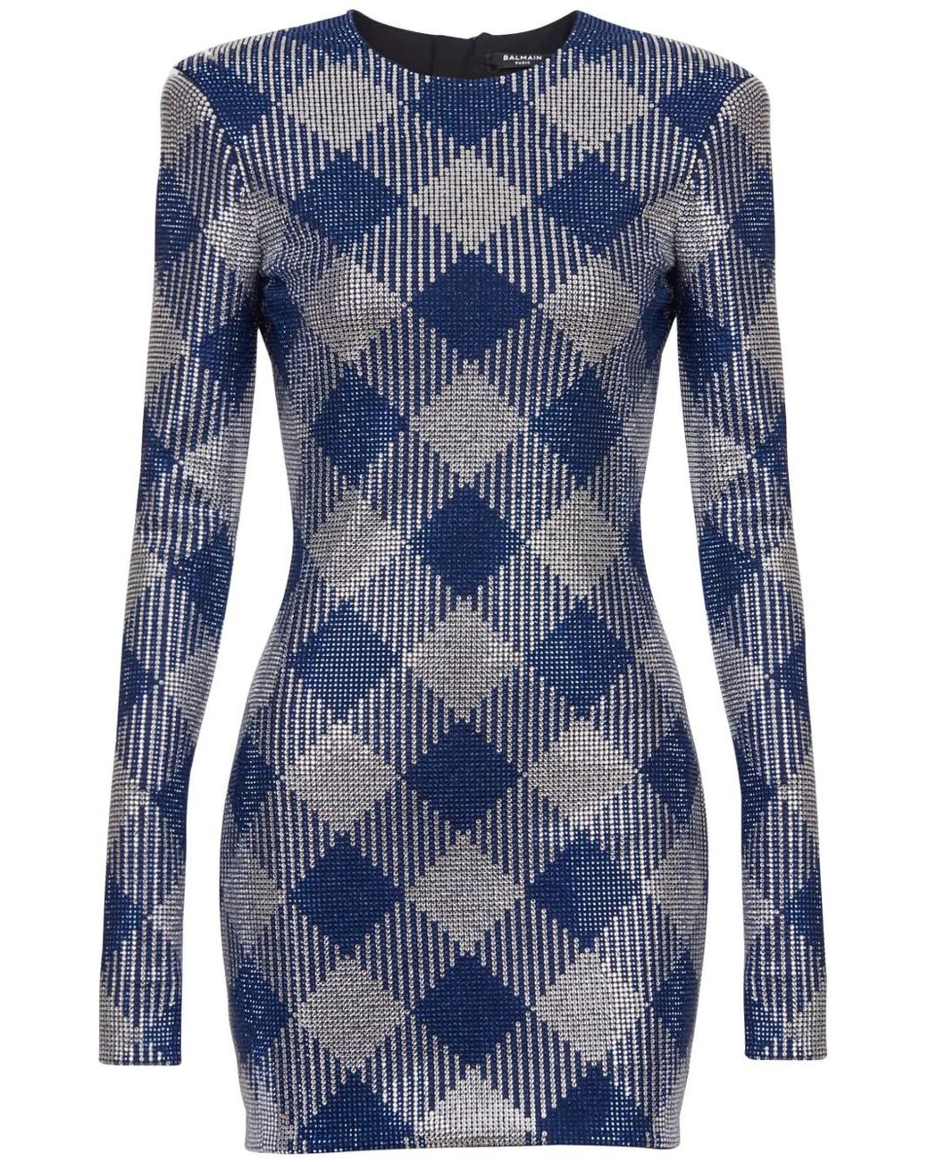 Balmain Blue Rhinestone-Embellished Gingham Mini Dress