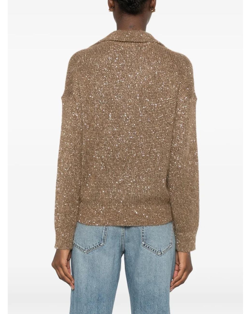 Brunello Cucinelli Natural Sequin-Embellished Polo-Collar Sweater