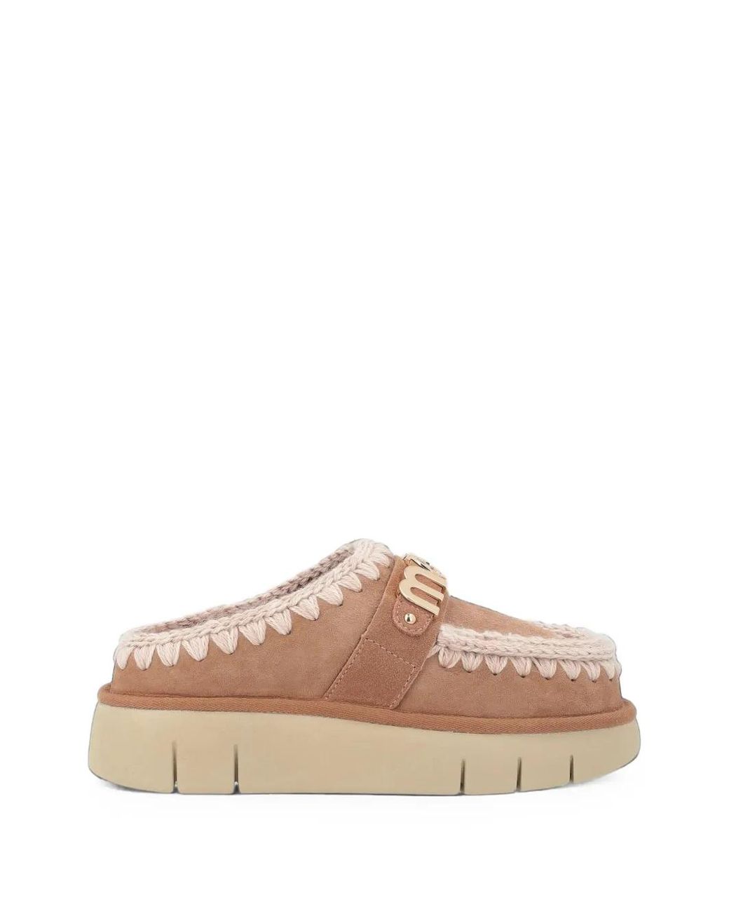 Mou Brown Bounce Crochet-Trim Clogs