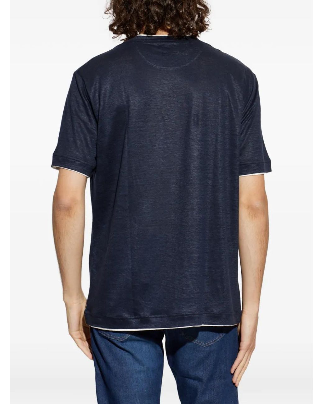 Eleventy Blue Layered-Neck Linen T-Shirt for men