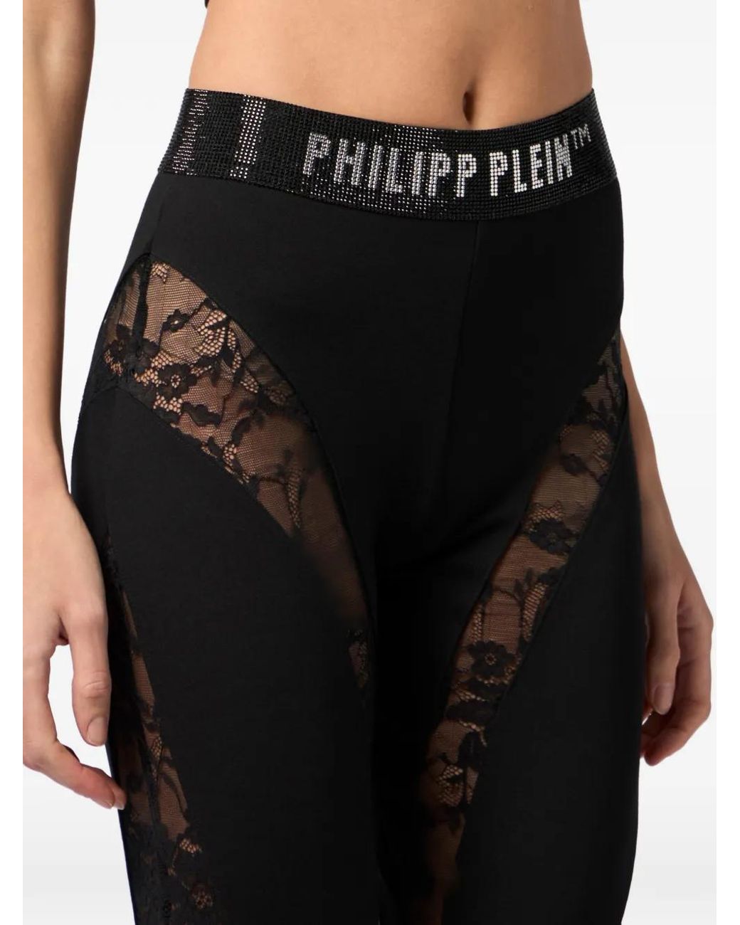 Philipp Plein Black Multicutting Rhinestones Lace Leggings