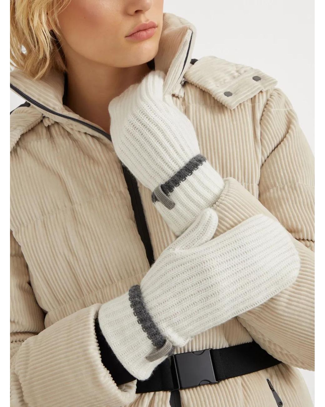 Brunello Cucinelli White Cashmere English Rib Knit Mittens With Monili