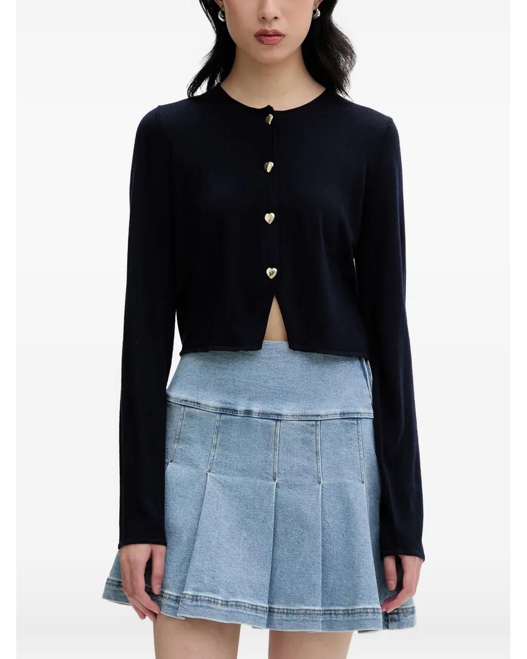 From Future Blue Heart-Button Cropped Cardigan