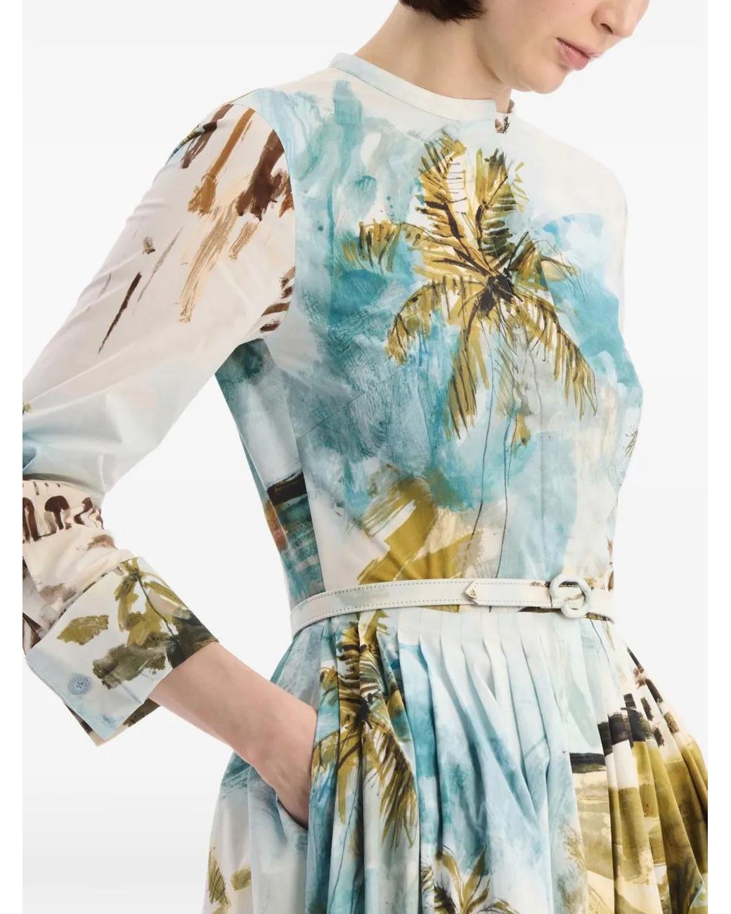 Oscar de la Renta White Dominican Landscape Cotton Poplin Short-Sleeve Dress
