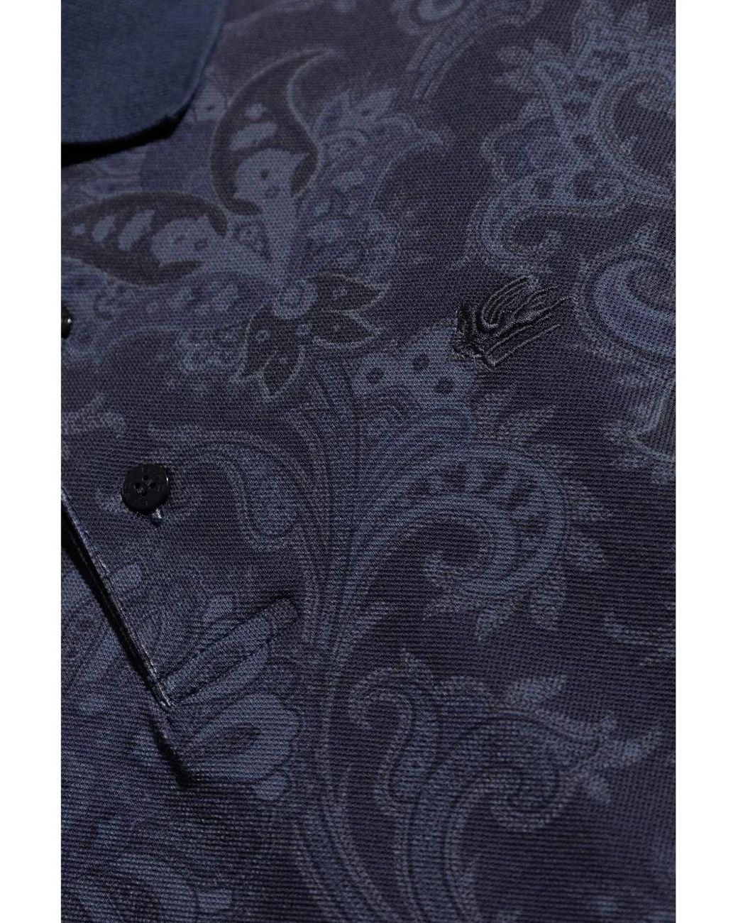 Etro Blue Cotton Polo With Decorative Pattern for men