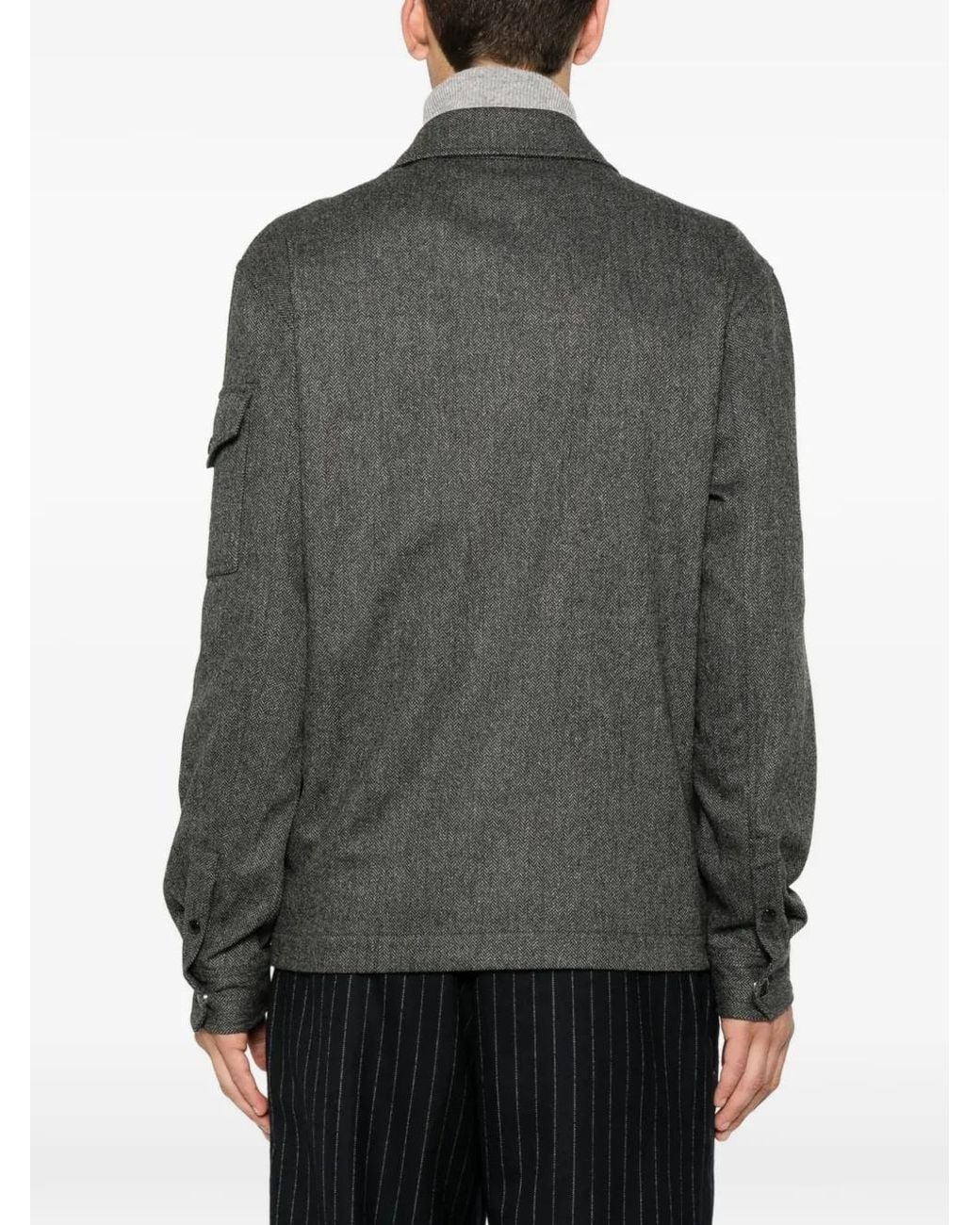Moncler Black Herringbone Wool Blend Zip-Up Shirt for men