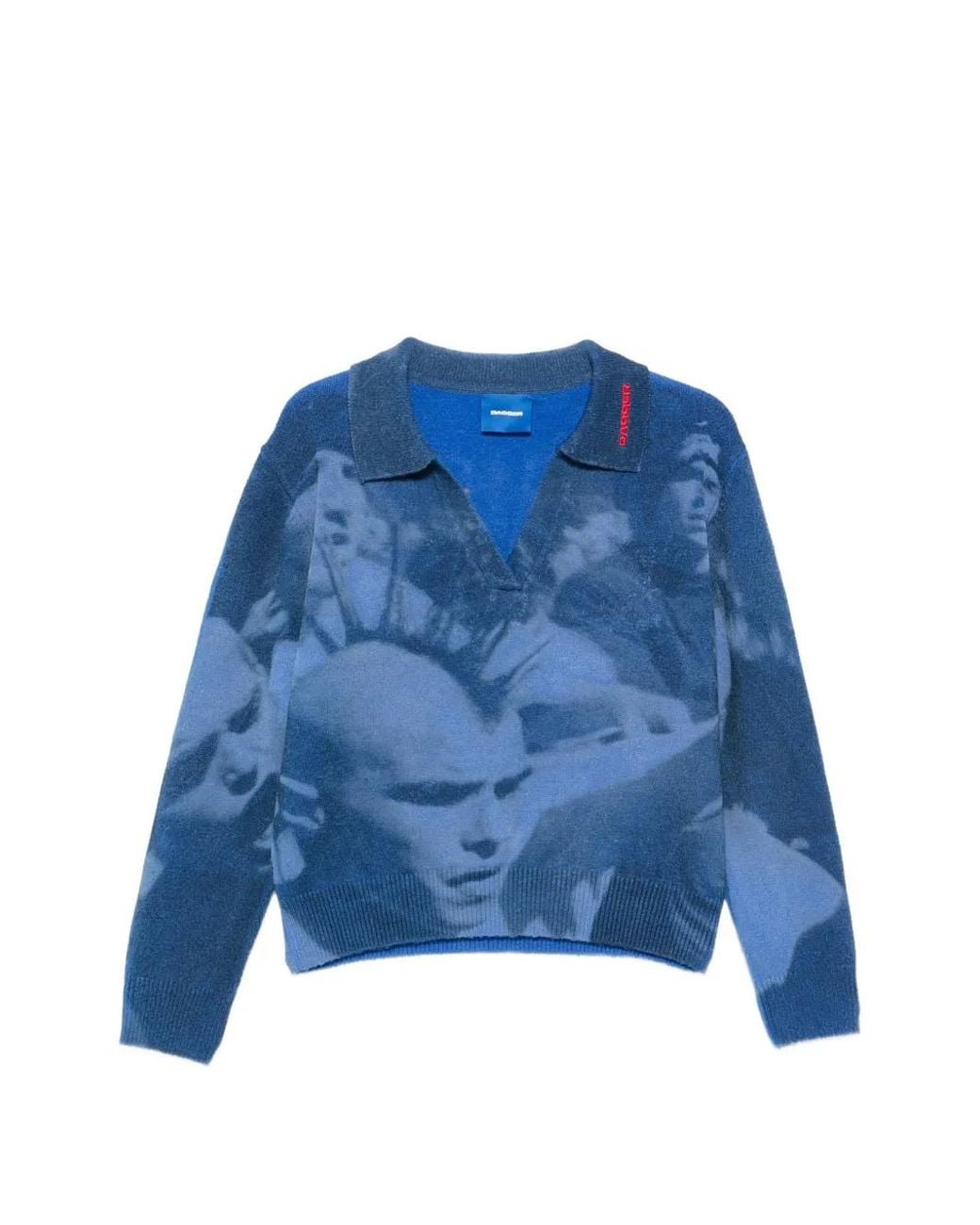 DAGGER Blue Graphic-Print Open-Neck Sweater for men
