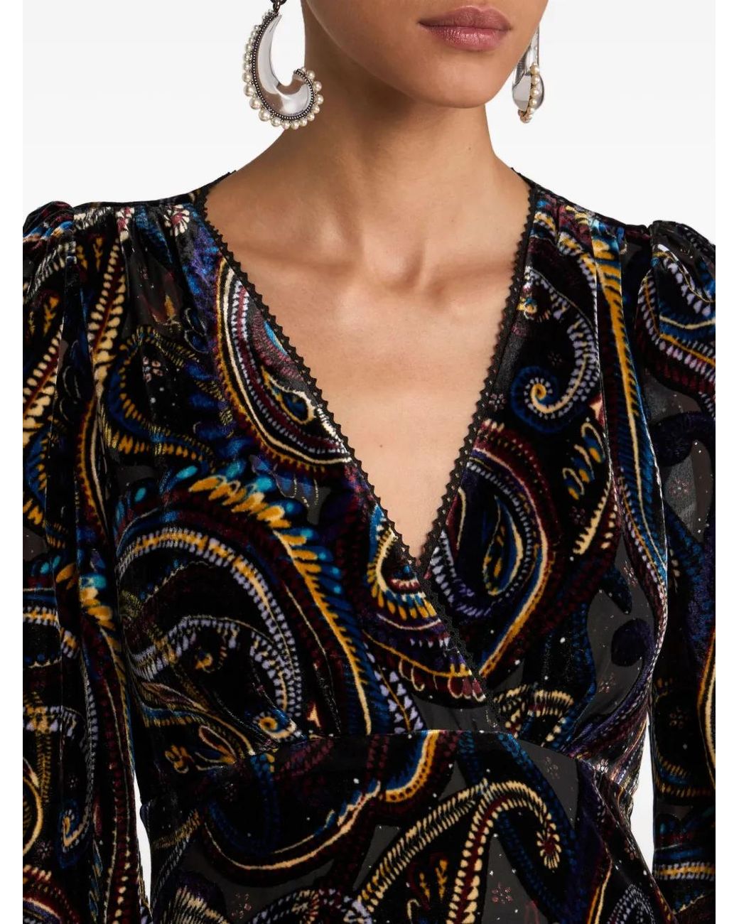 Etro Black Velvet Paisley-Foliage Motif Wrap Midi Dress