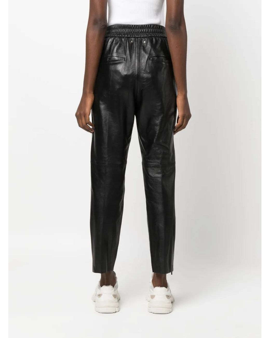 Golden Goose Deluxe Brand Black Leather Pants With Stretch Waistband And Zippers On Hem For