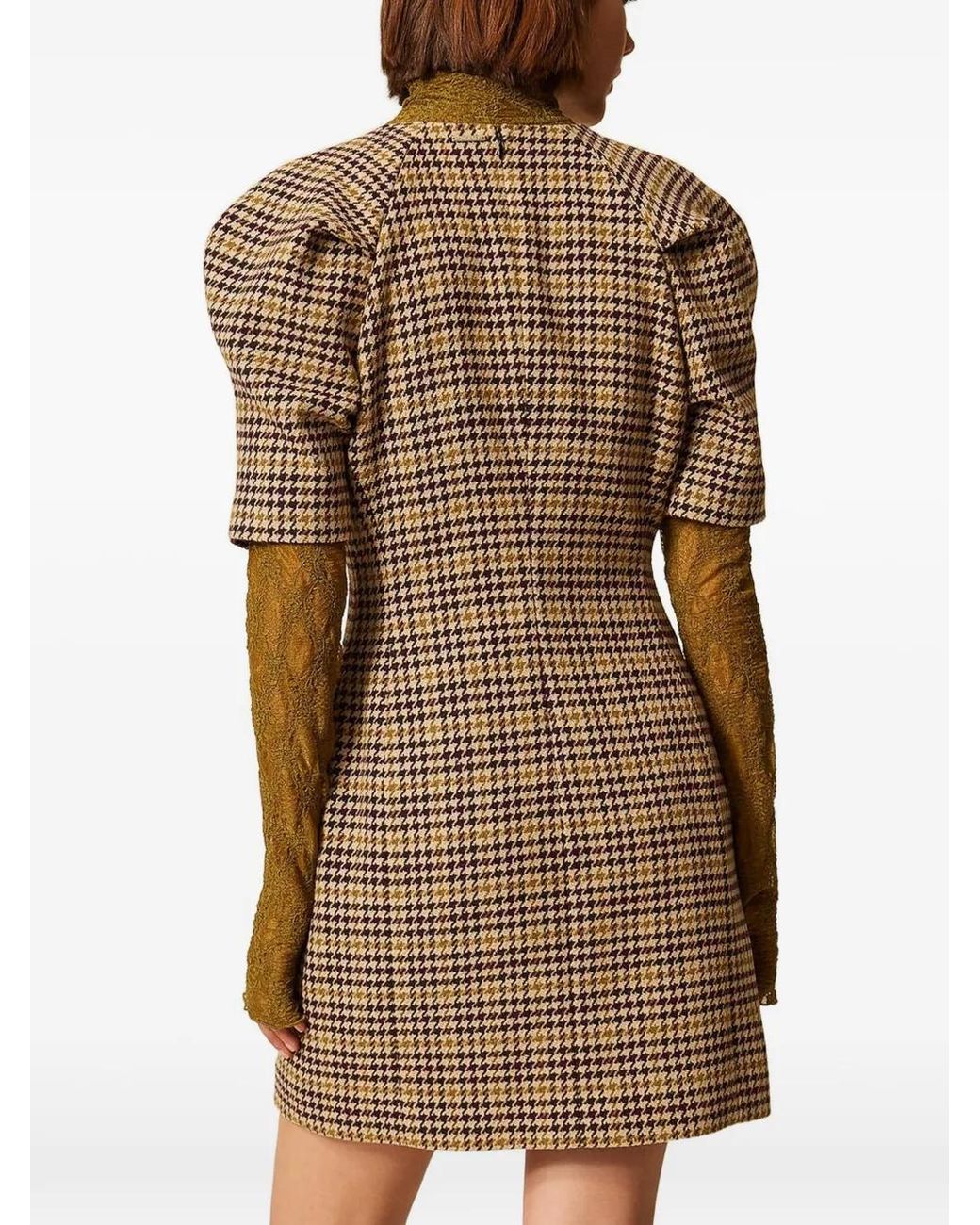 Twinset Brown Short Houndstooth Jacquard Dress