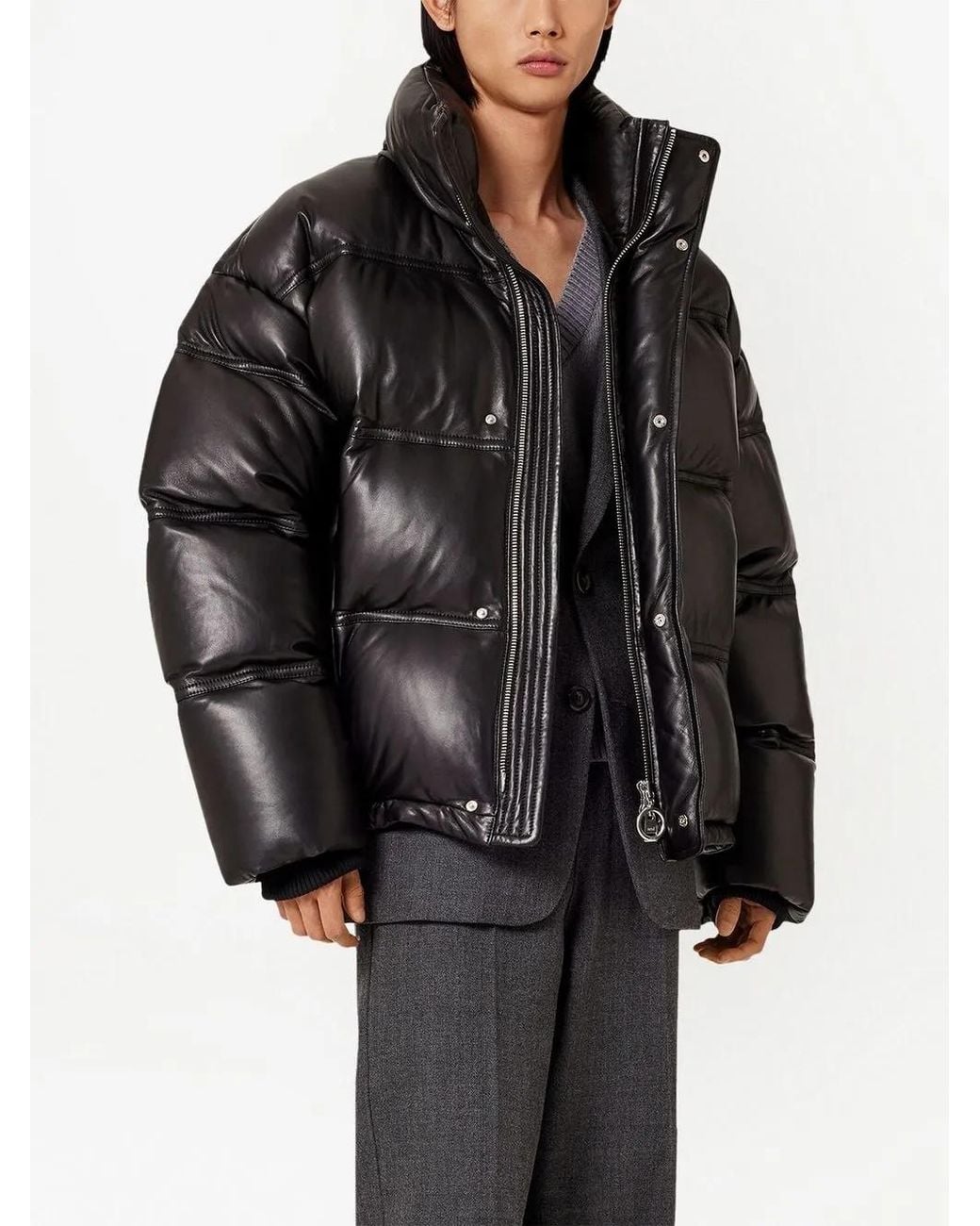 AMI Black Leather Down Jacket