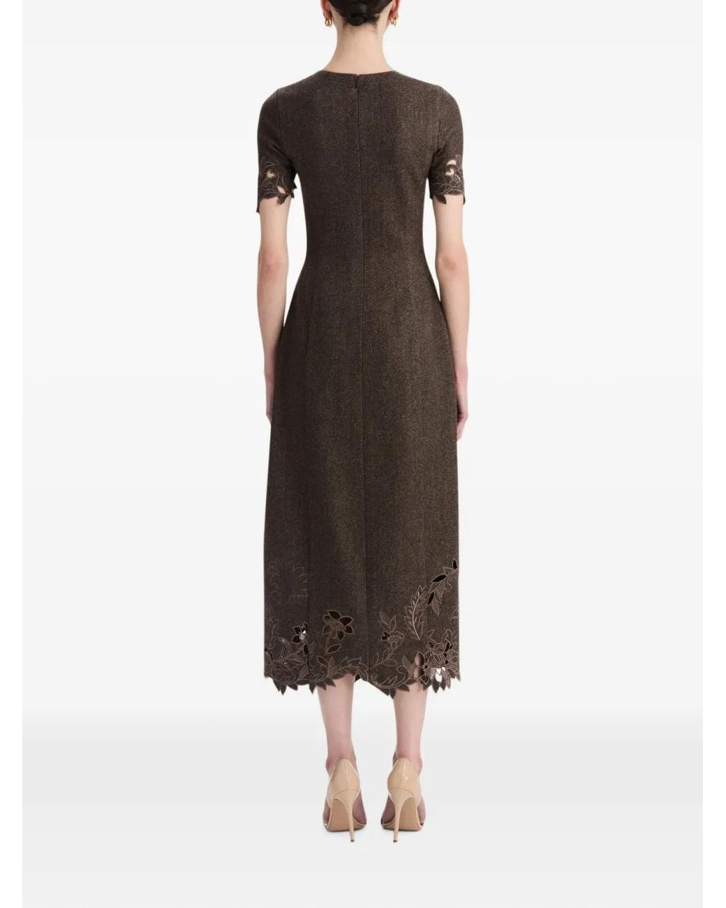 Oscar de la Renta Brown Peony-Cutout Herringbone Flared Midi Dress