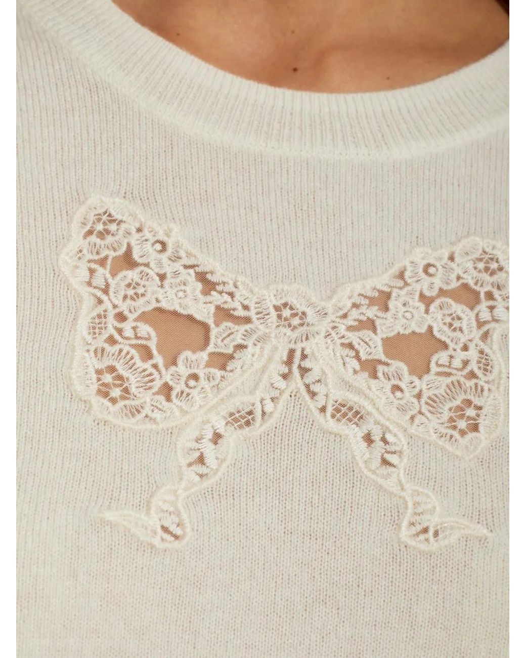 LoveShackFancy White Mingley Pullover Mit Spitzenschleife