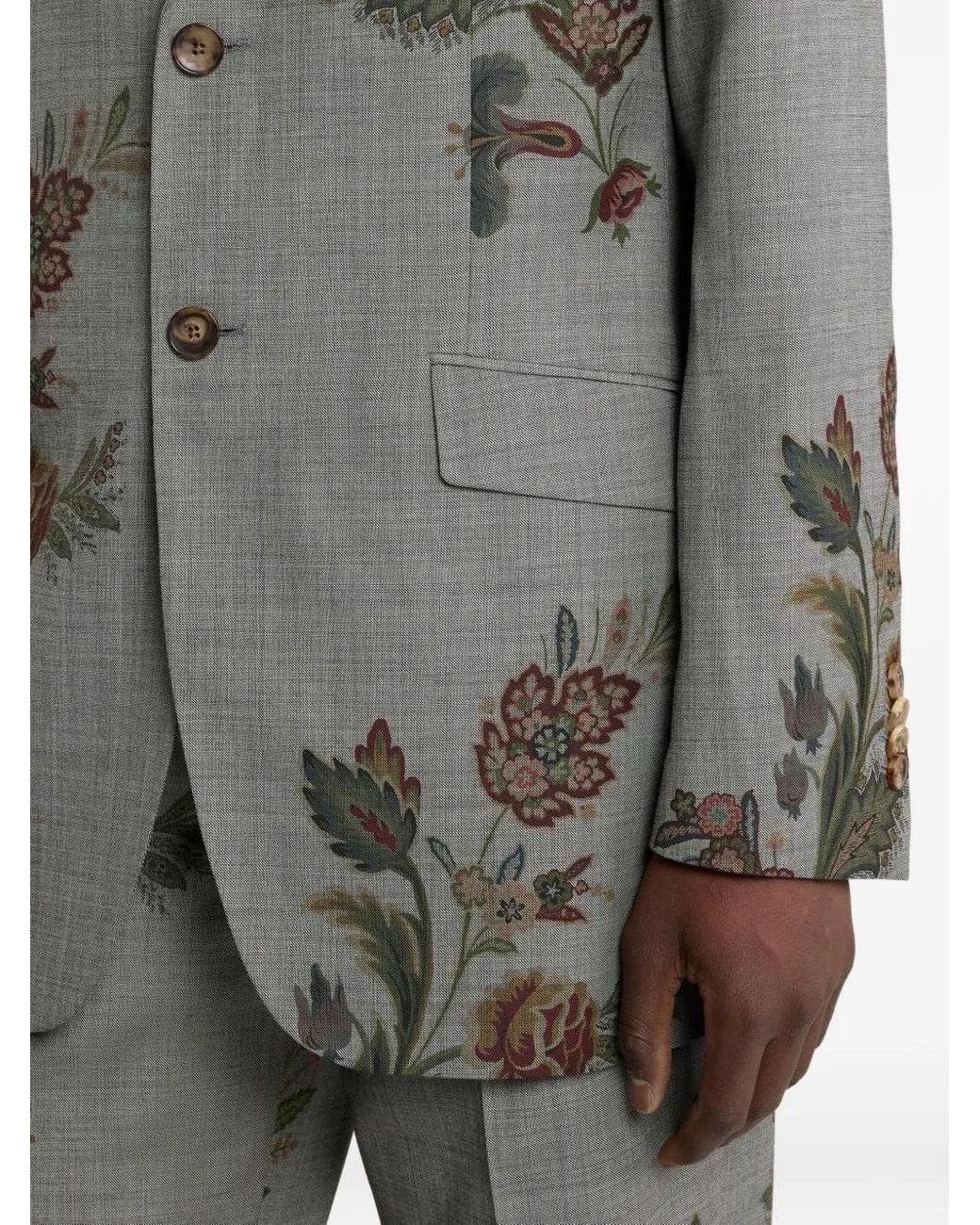 Etro Gray Floral-Print Single-Breasted Jacket for men