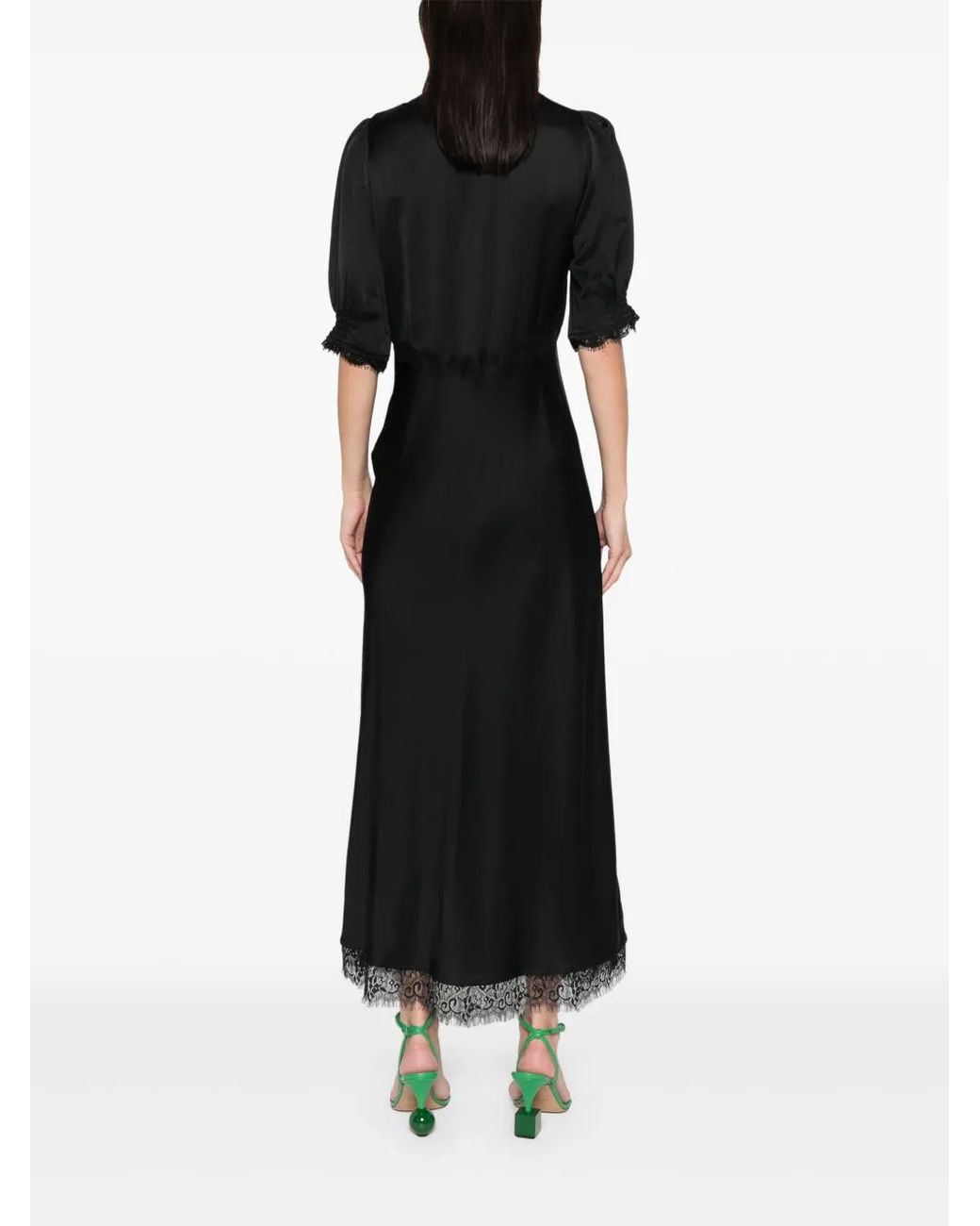 Rixo Black Satin Lace Puff-Sleeve Dress
