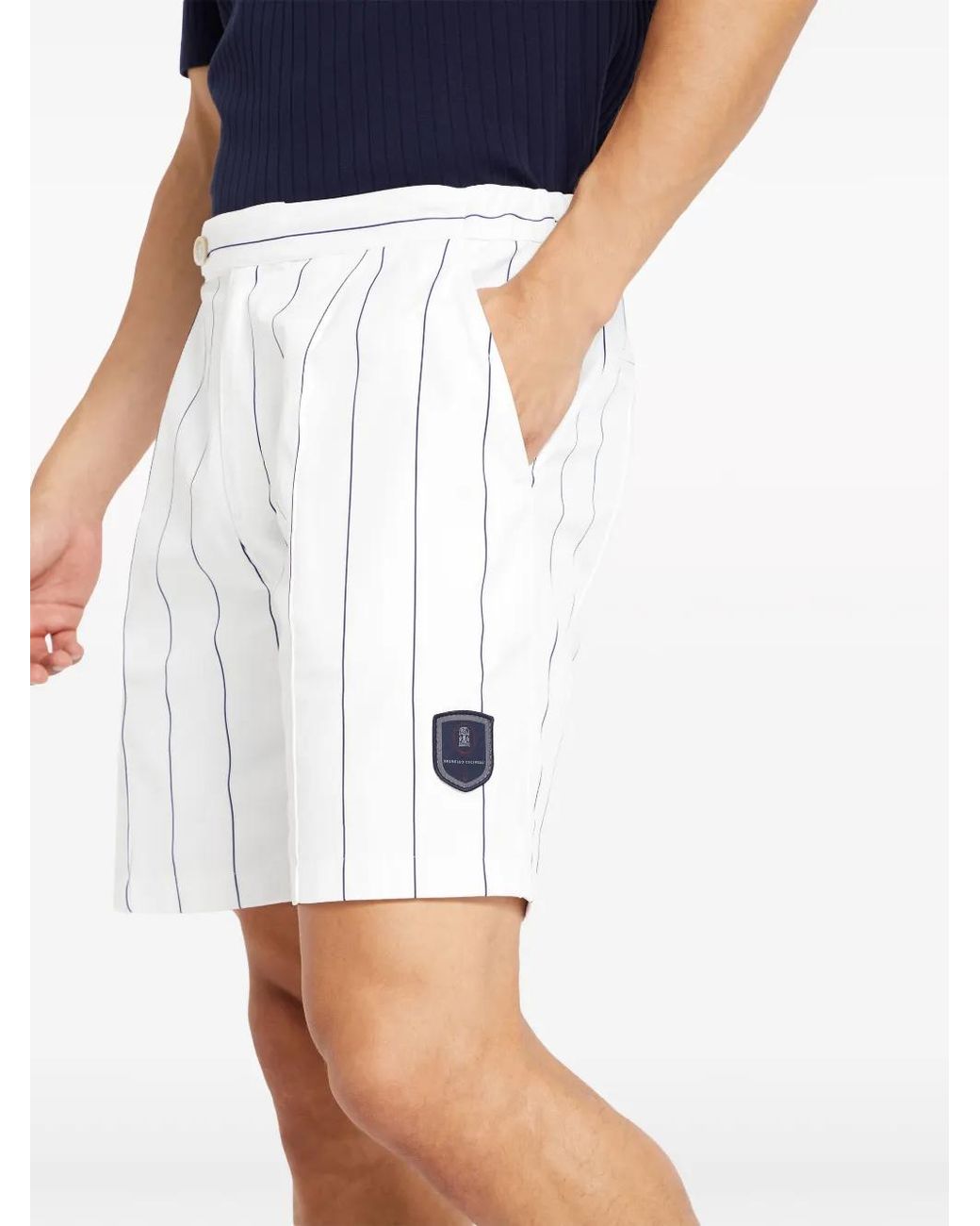Brunello Cucinelli White Logo-Appliqué Striped Shorts for men