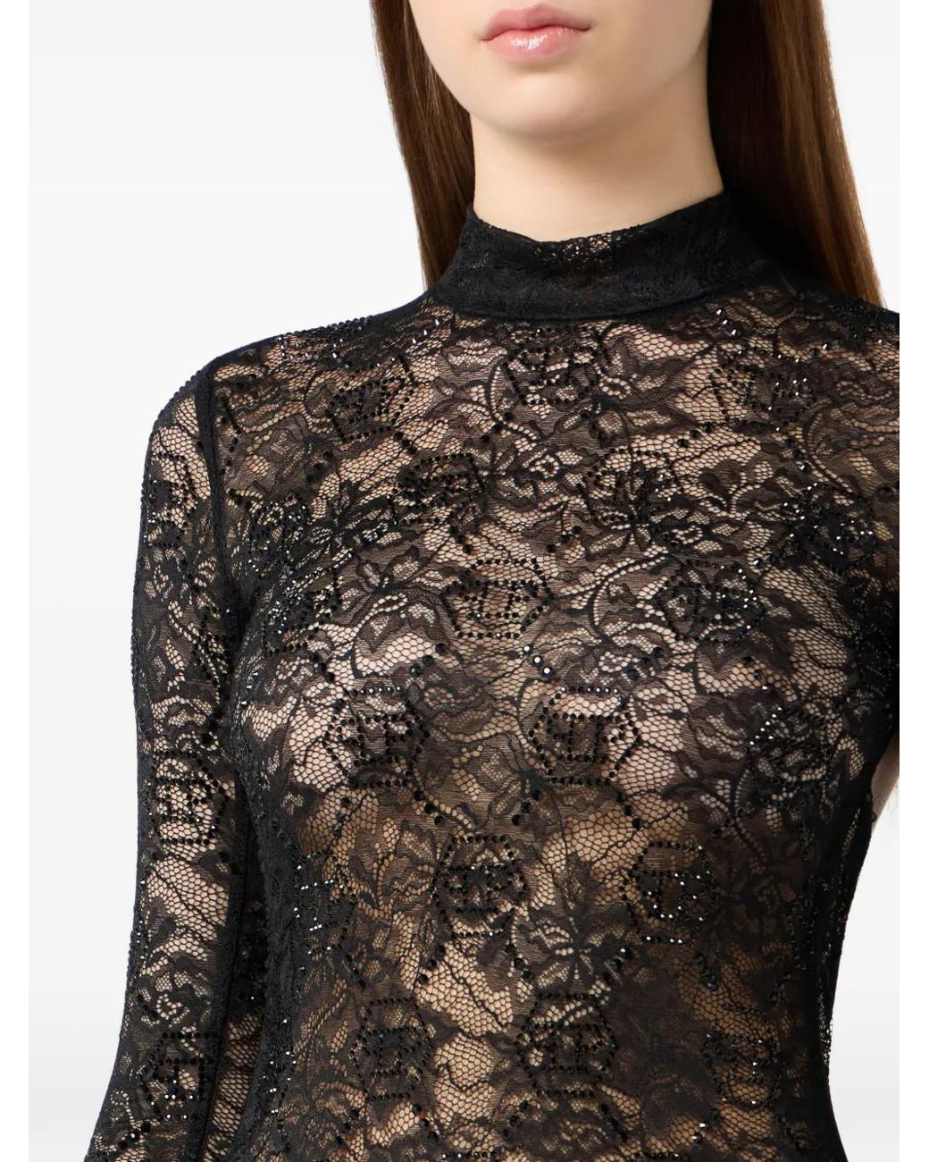 Philipp Plein Black Lace Open Back Long Dress Monogram Strass
