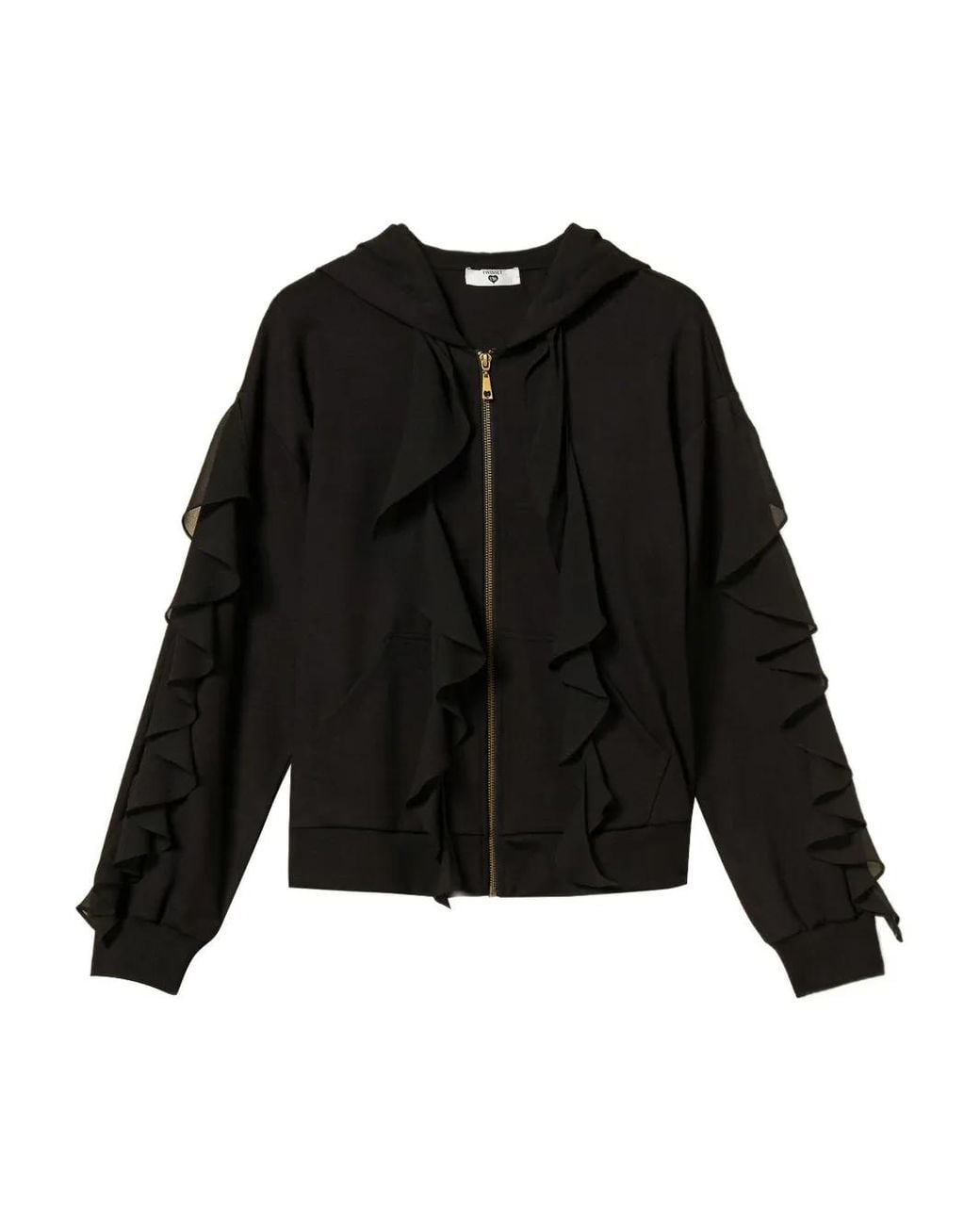 Twinset Black Ruffle-Trimmed Hooded Sweatshirt