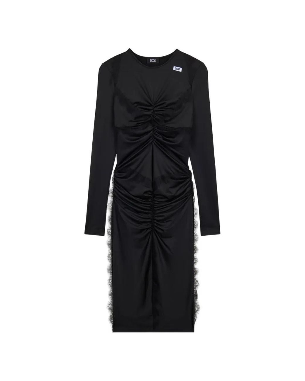 Gcds Black Lace-Insert Ruched Midi Dress