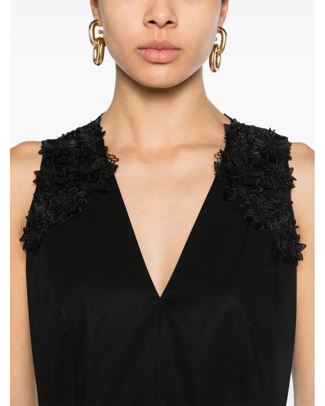 Twinset Black Floral-Lace Cotton Midi Dress