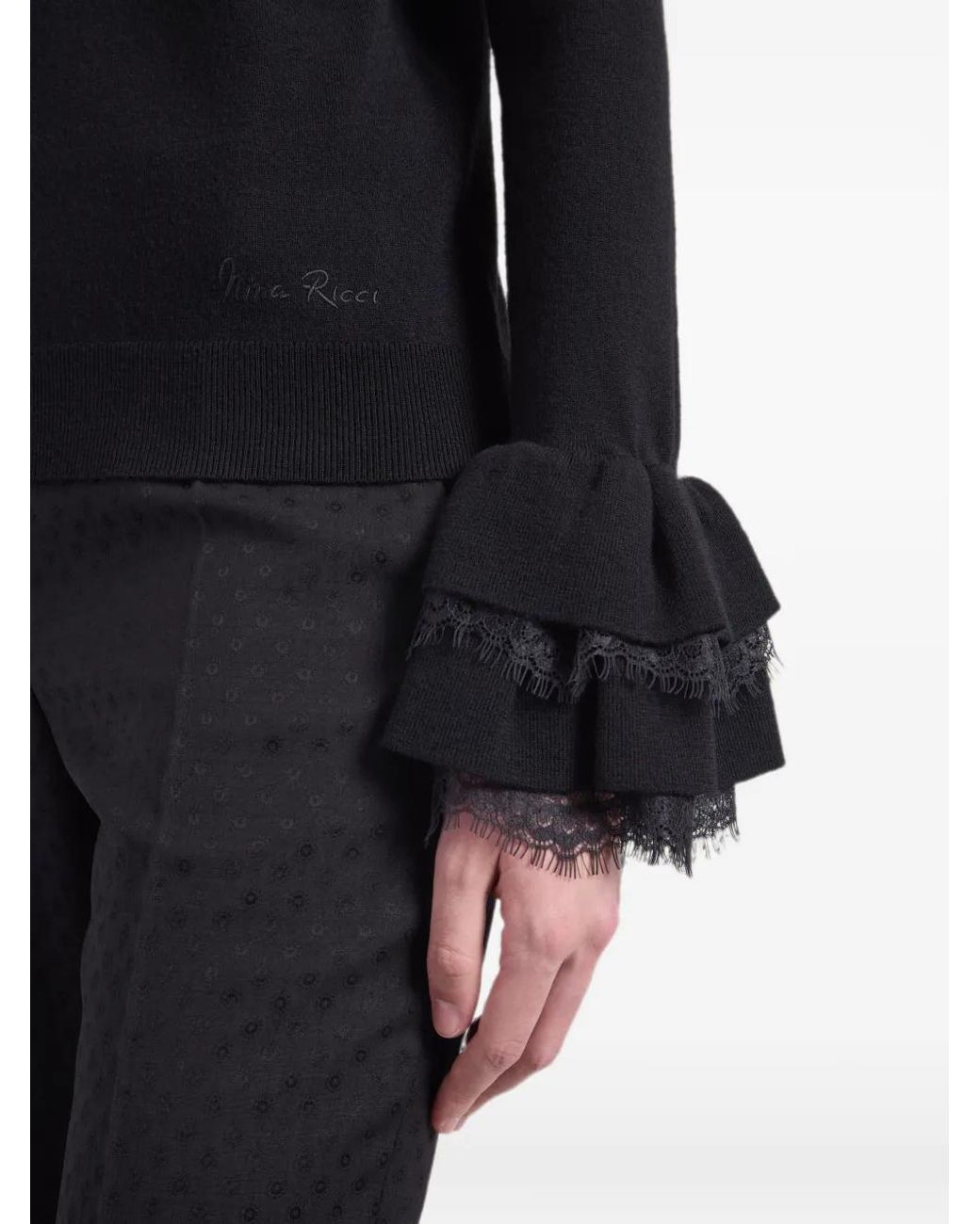 Nina Ricci Black Lace-Trim Ruffled-Cuff Sweater