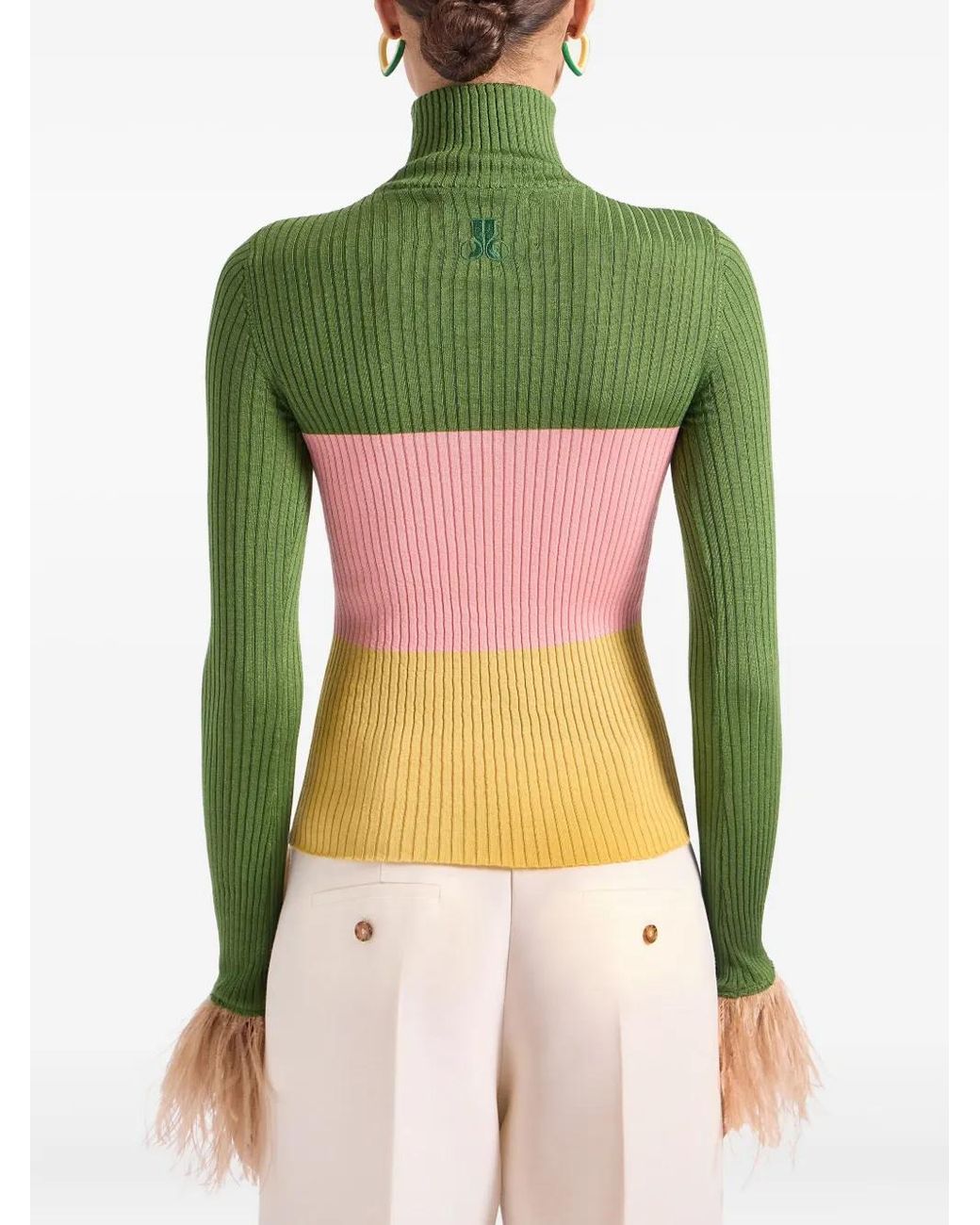 LaDoubleJ Green Feather-Trimmed Colour-Block Sweater