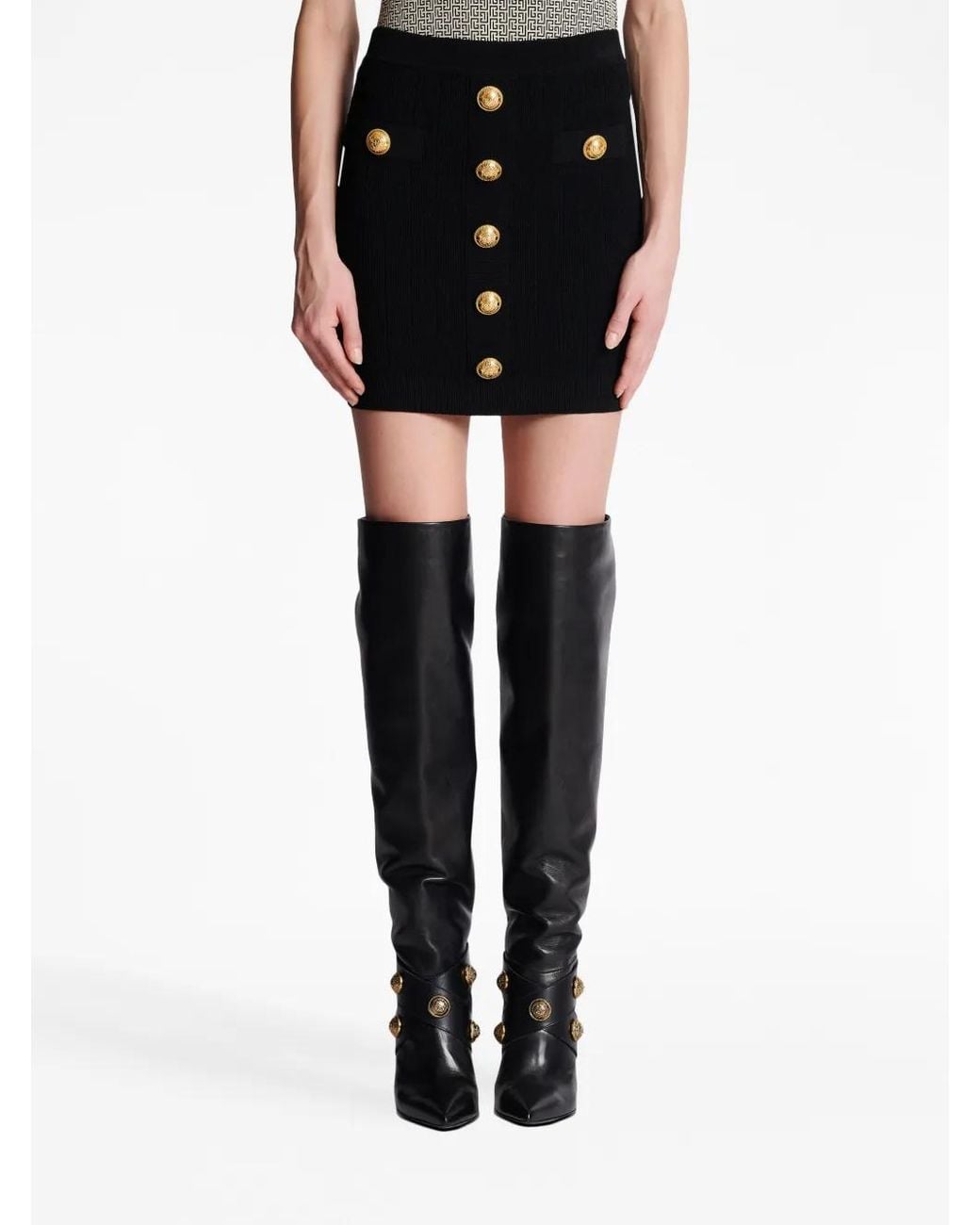 Falda mini negra con botones tejida Balmain de color Black