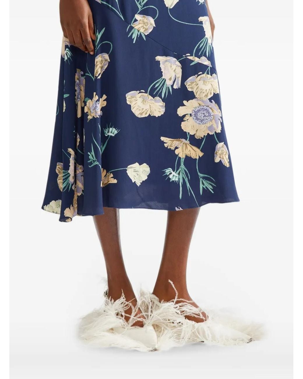Erdem Blue Floral-Print A-Line Midi Skirt