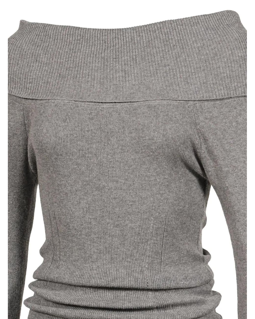 BOHEMSEO Gray Off-Shoulder Ribbed Sweater
