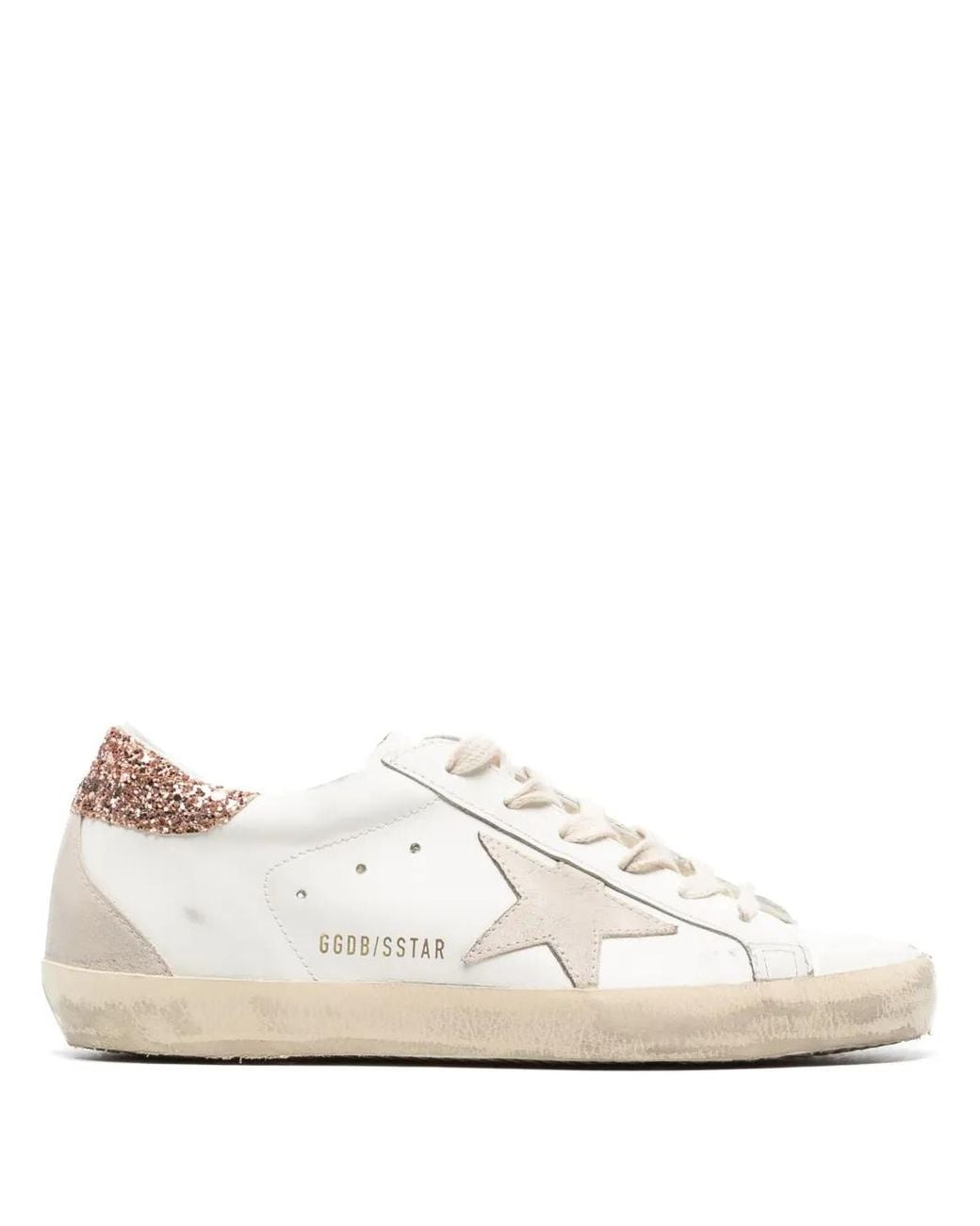 Golden Goose Deluxe Brand White Super-Star Trainers With A Suede Star And Peach- Glitter Heels Tab
