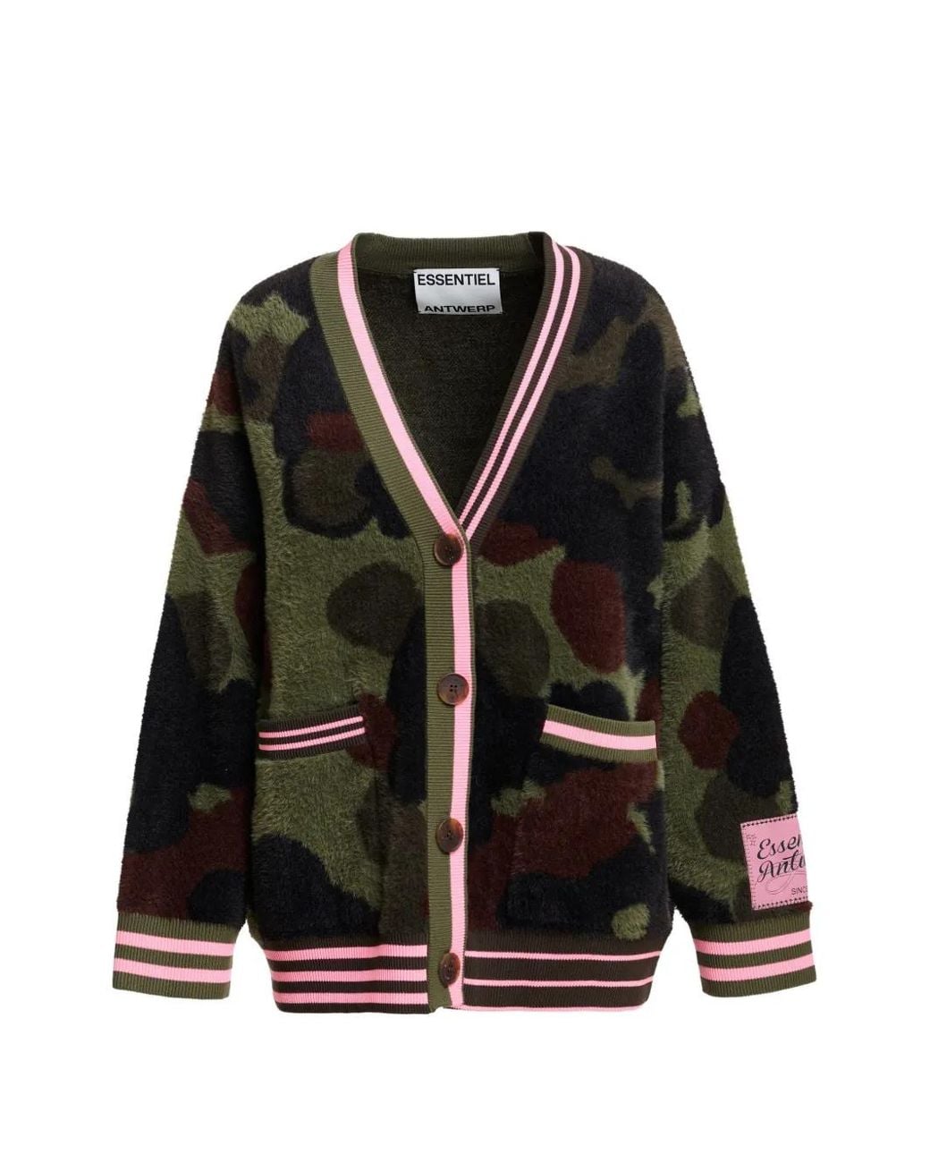 Essentiel Antwerp Black Kamoo Camouflage-Jacquard Striped-Trim Cardigan