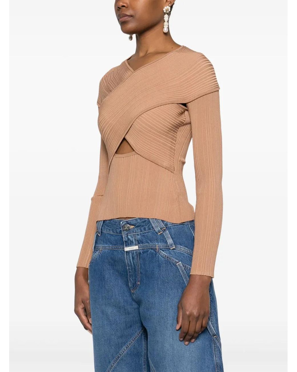 Self-Portrait Natural Ribbed Knit Wrap Top