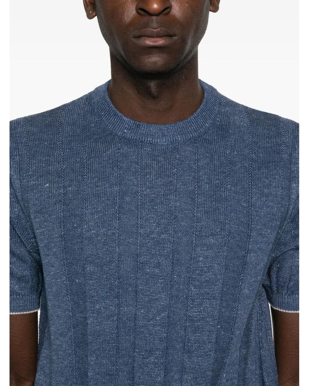 Brunello Cucinelli Blue Short Sleeves Round Neck Sweater for men