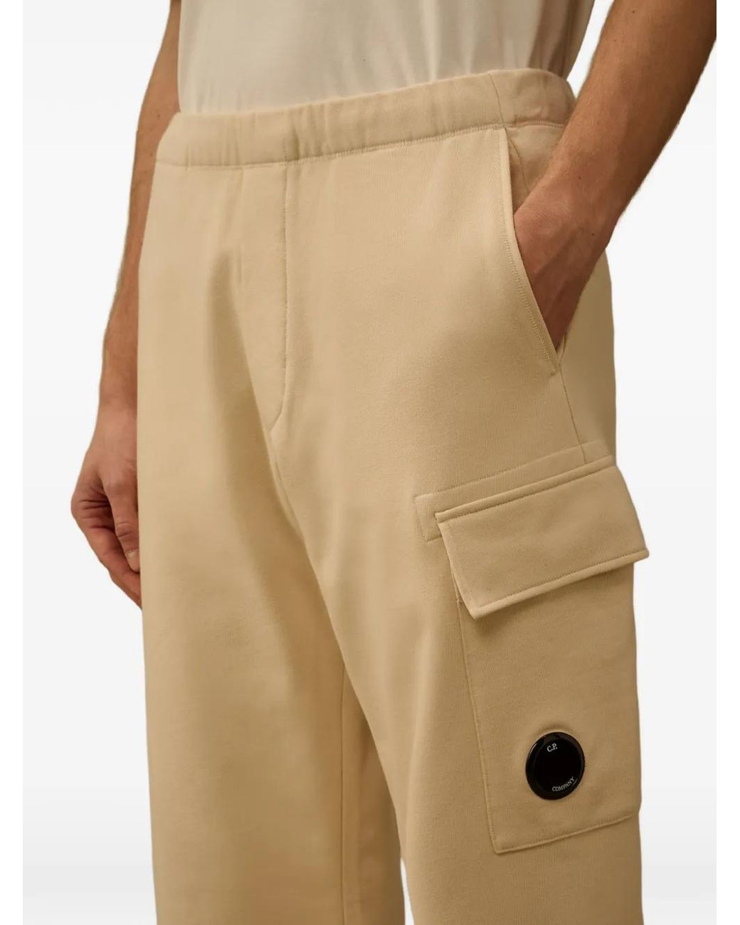 C P Company Natural Diagonal-Raised Fleece Cargo-Pocket Cotton Track Pants for men