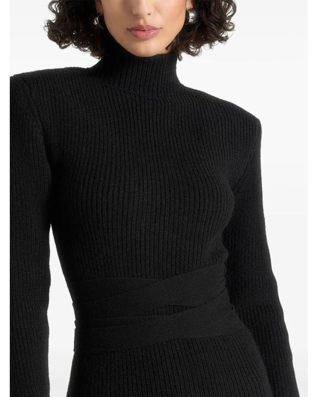 Manière De Voir Black Hana Wide-Shoulder Tie-Waist Knit Maxi Dress