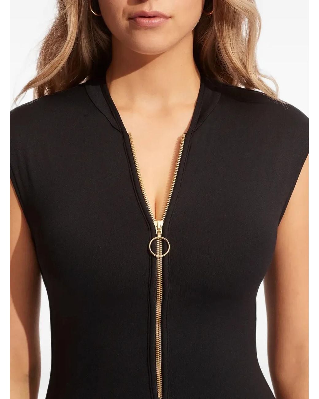 Seafolly Black Zip-Front Cap-Sleeve Swimsuit