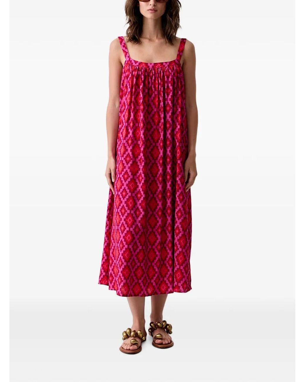 Benetton Red Geometric-Print Tie-Back Maxi Dress
