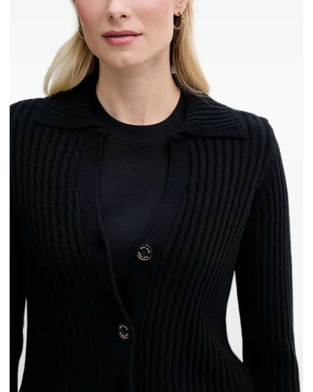 DKNY Black Ribbed-Knit Spread-Collar Cardigan