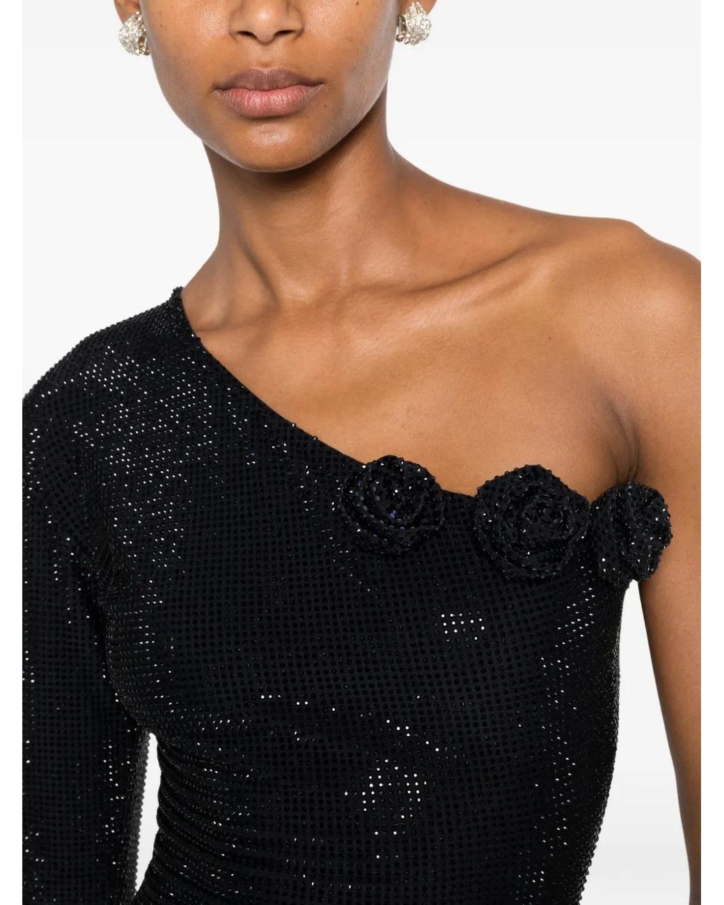 Miron Black One-Shoulder Flower-Accent Dress