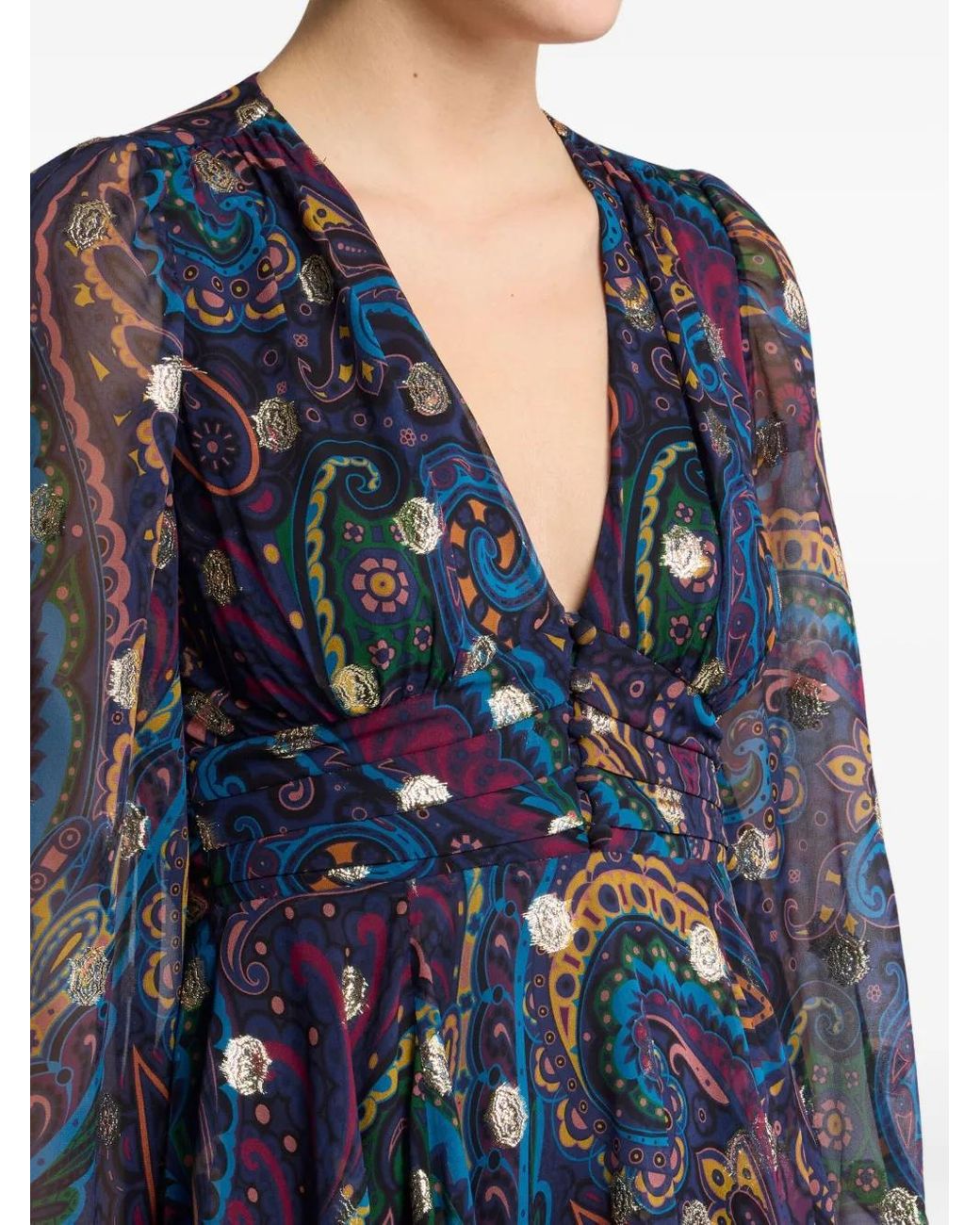 Etro Blue Paisley-Print V-Neck Mini Day Dress