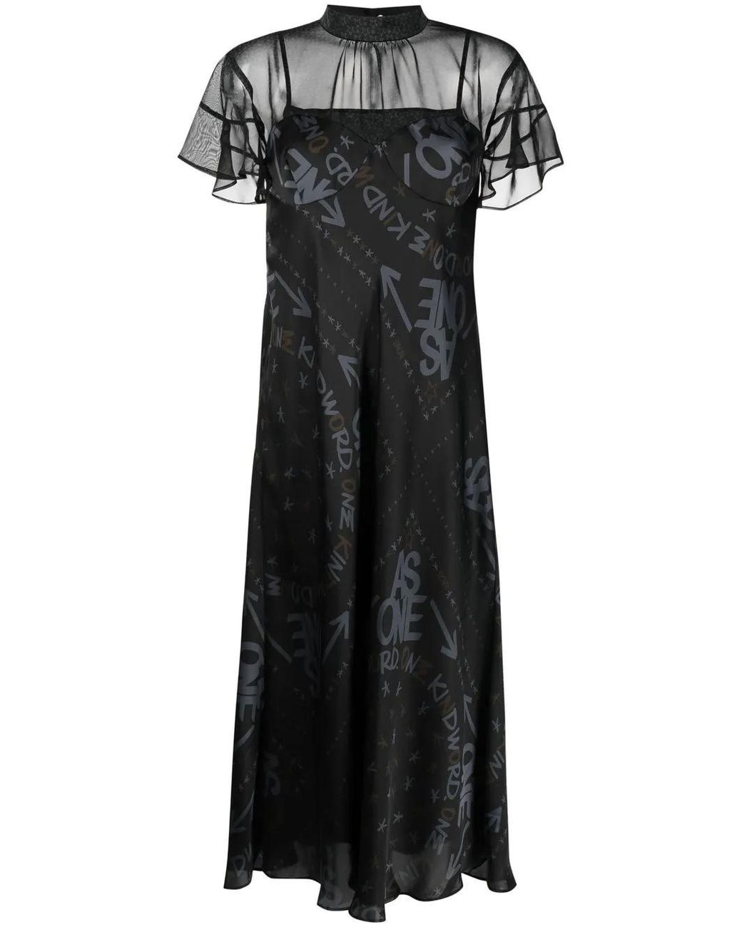 Sacai Black Logo Print Semi-Sheer Dress