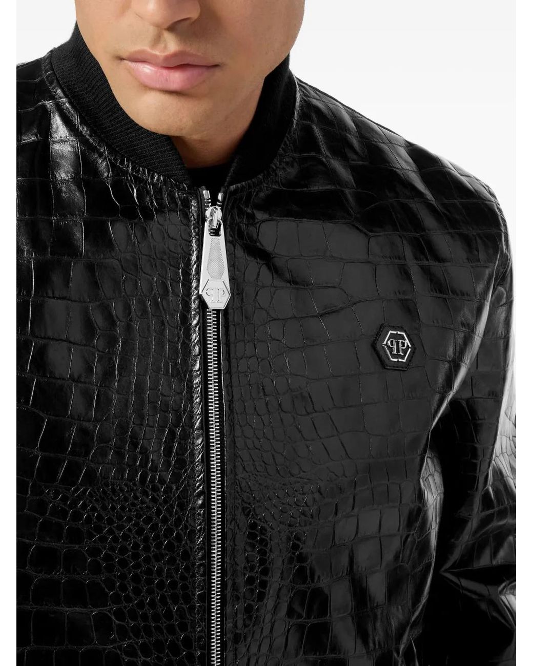 Philipp Plein Black Crocodile-Effect Leather Bomber Jacket for men