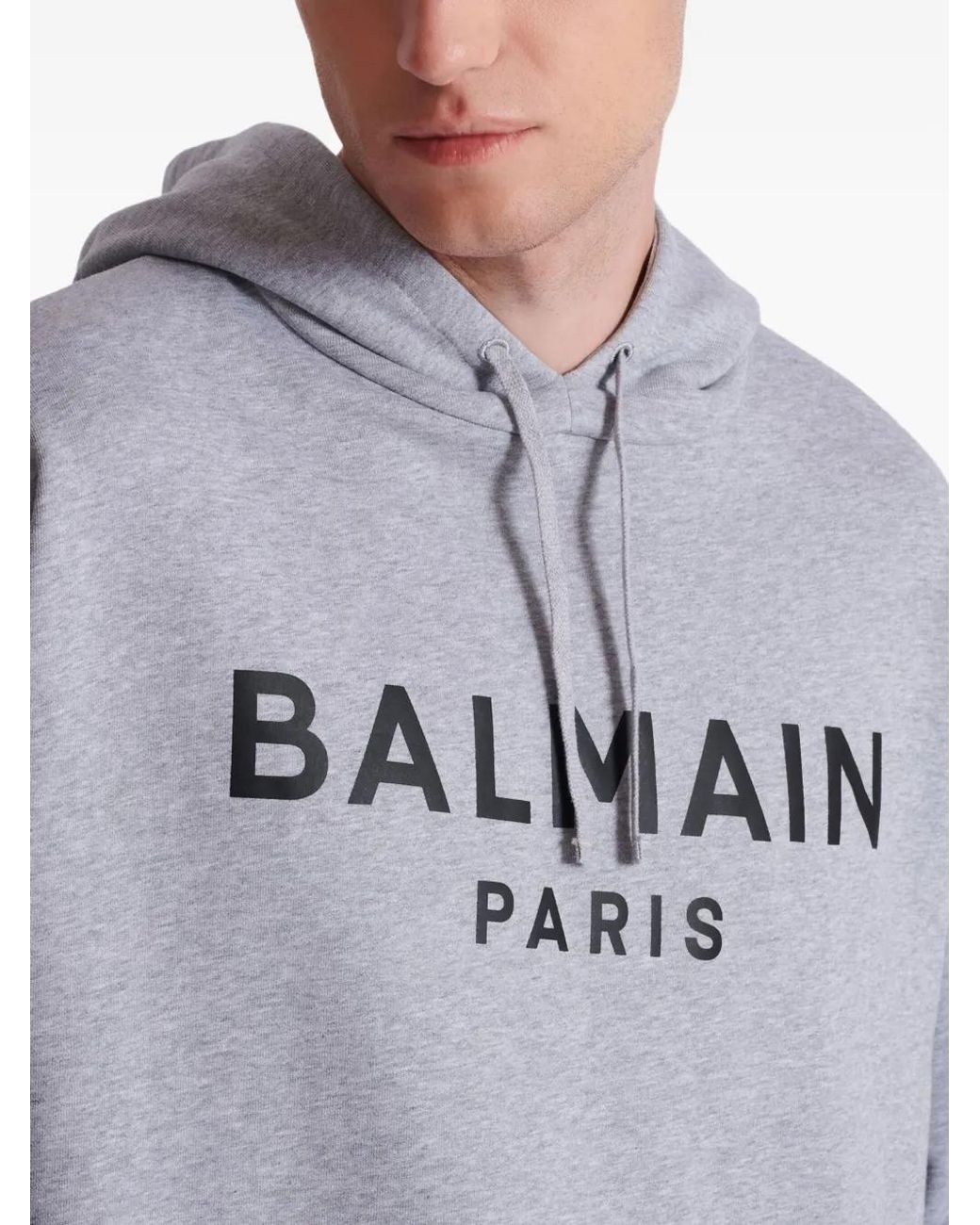 Balmain Gray Printed Cotton Hoodie for men